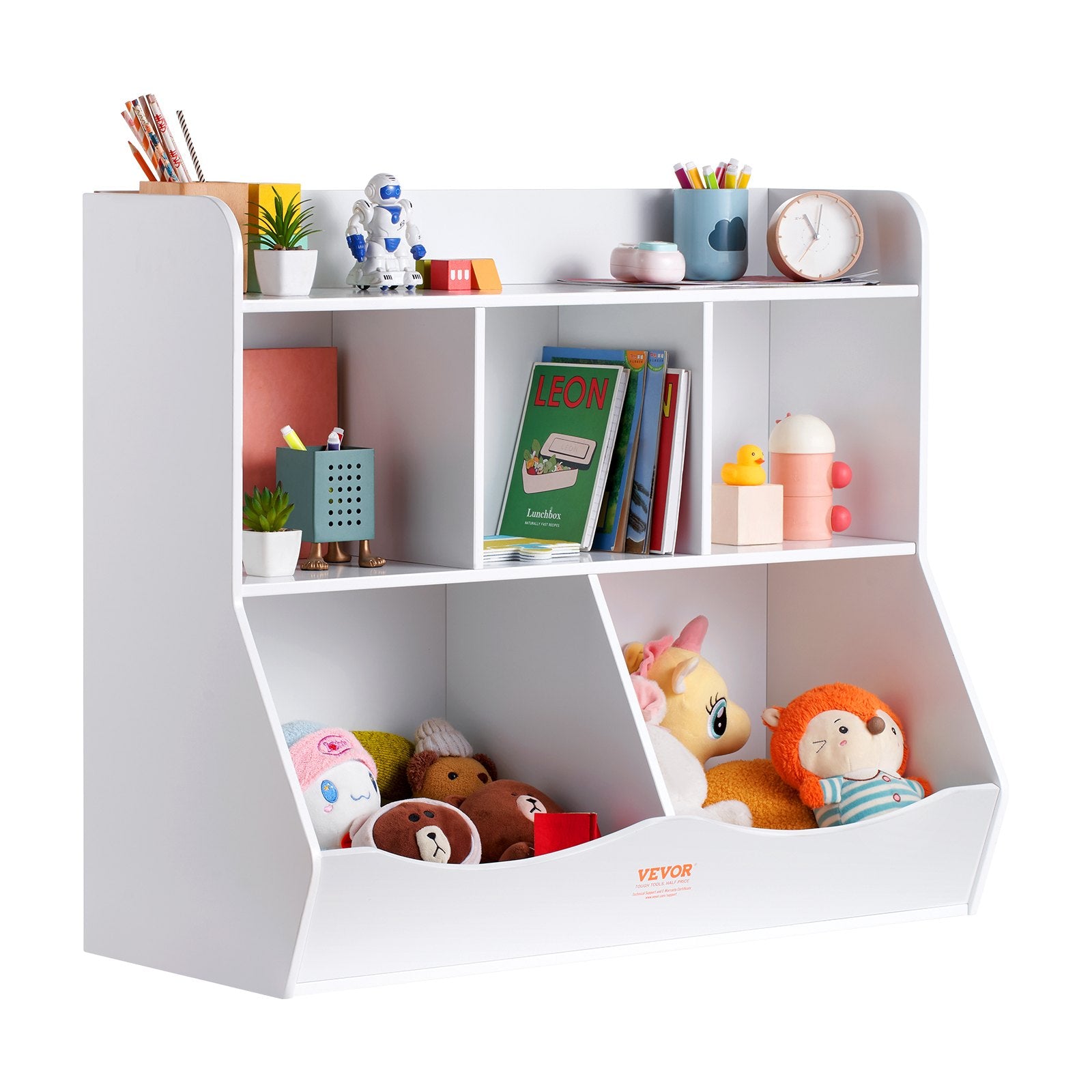 Wood Kid Storage Cubby 5-Cubby Toy Organizer with Bookshelf White for Kids Room