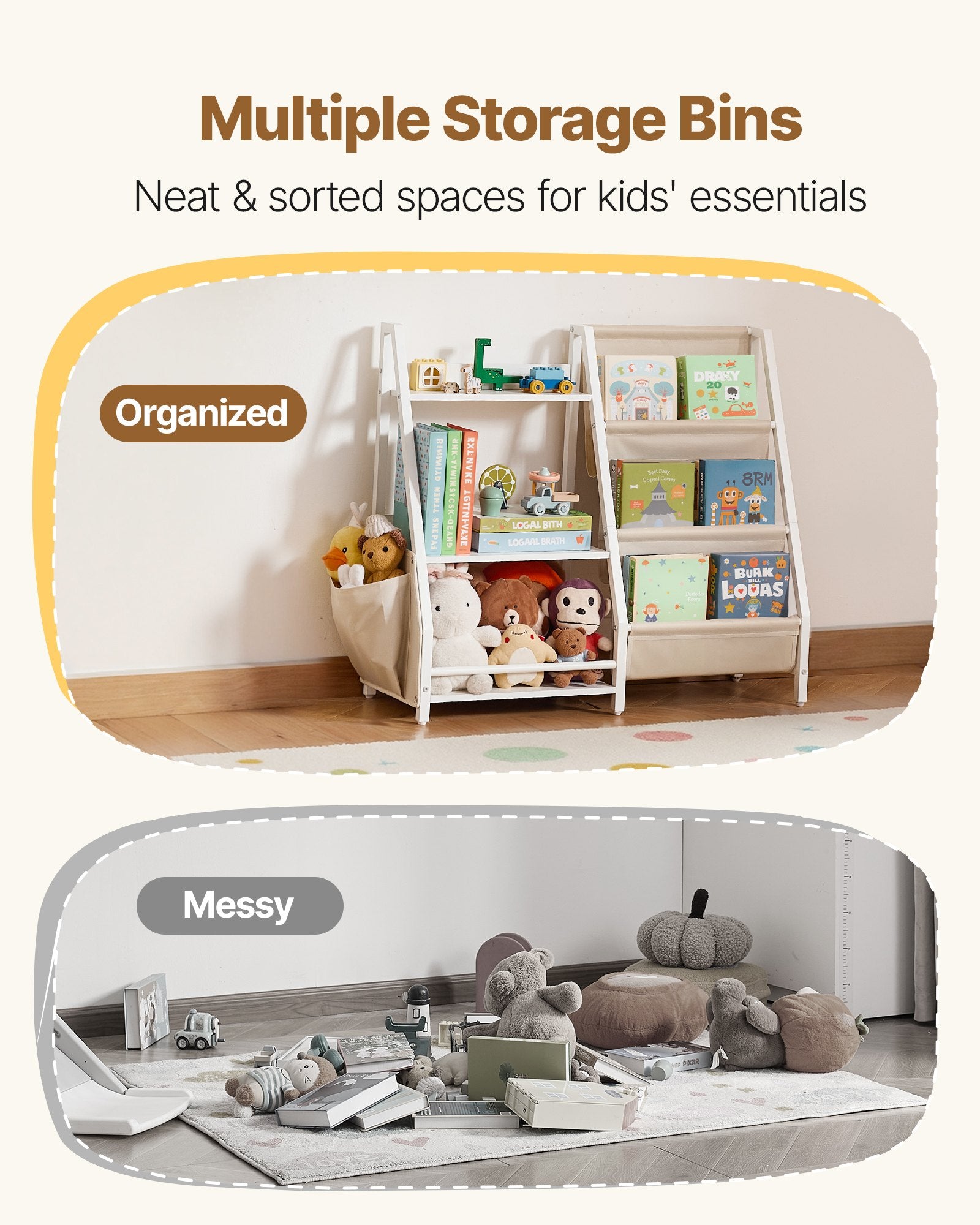 3-Tier Kids Bookshelf Toy Storage Organizer with Sling Rack and Storage Bag