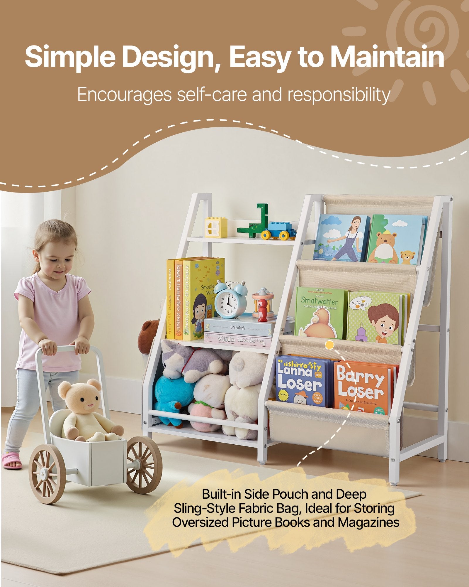 3-Tier Kids Bookshelf Toy Storage Organizer with Sling Rack and Storage Bag
