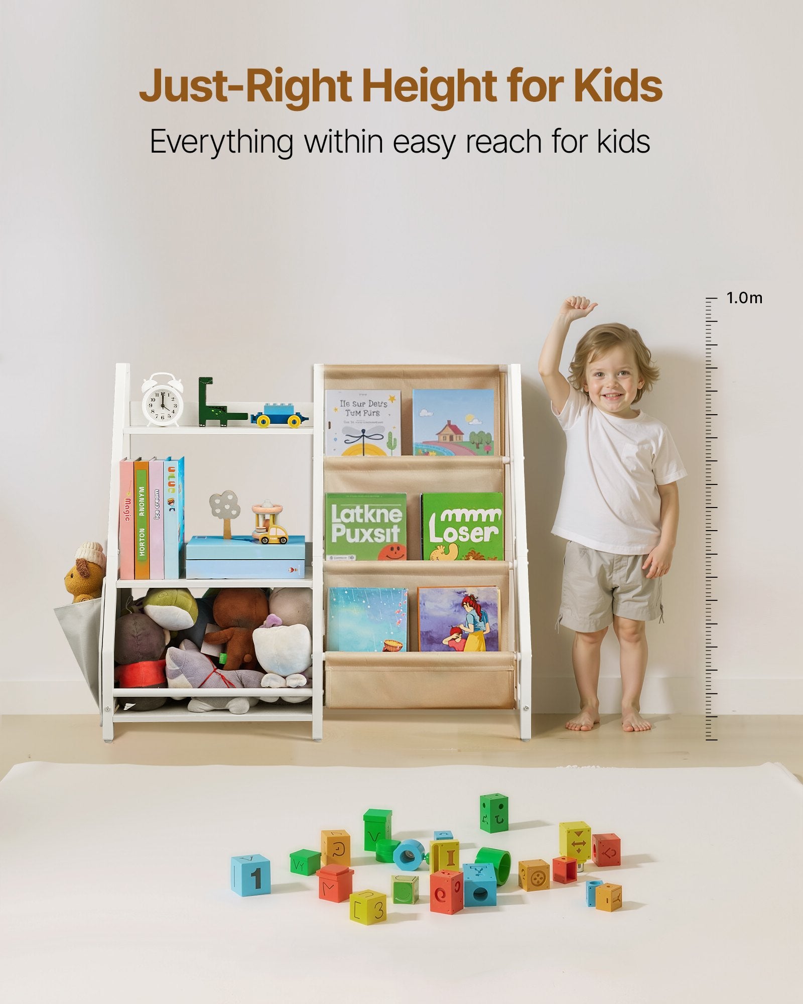 3-Tier Kids Bookshelf Toy Storage Organizer with Sling Rack and Storage Bag