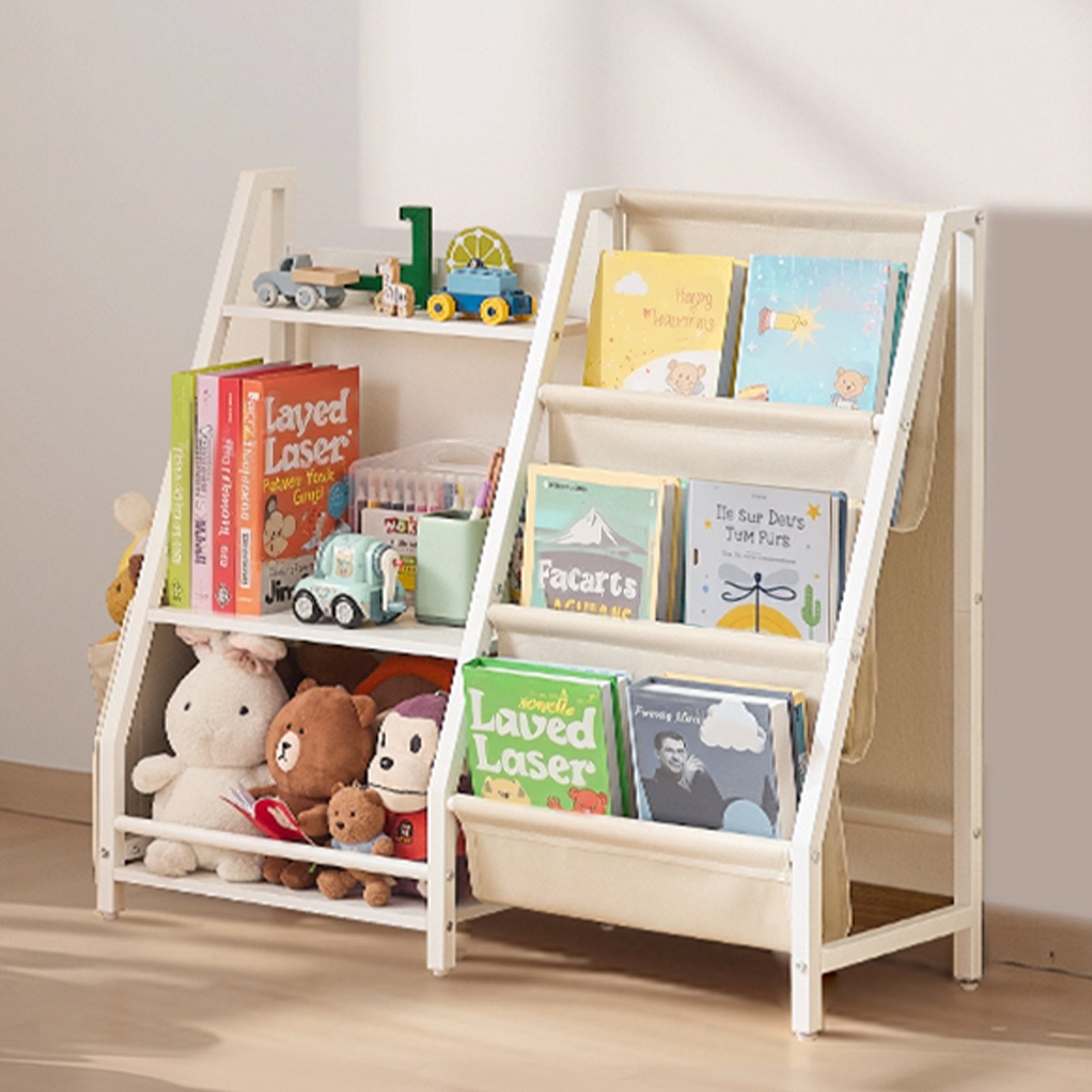 3-Tier Kids Bookshelf Toy Storage Organizer with Sling Rack and Storage Bag