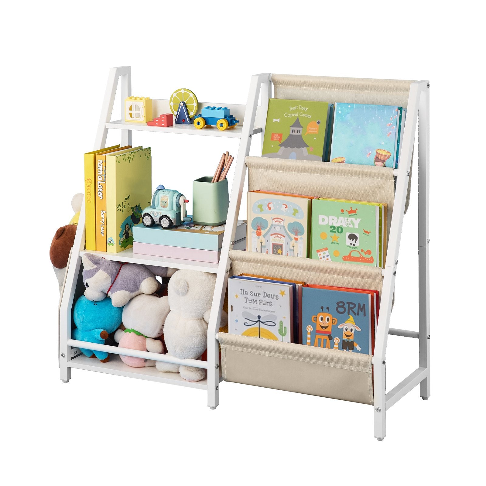 3-Tier Kids Bookshelf Toy Storage Organizer with Sling Rack and Storage Bag