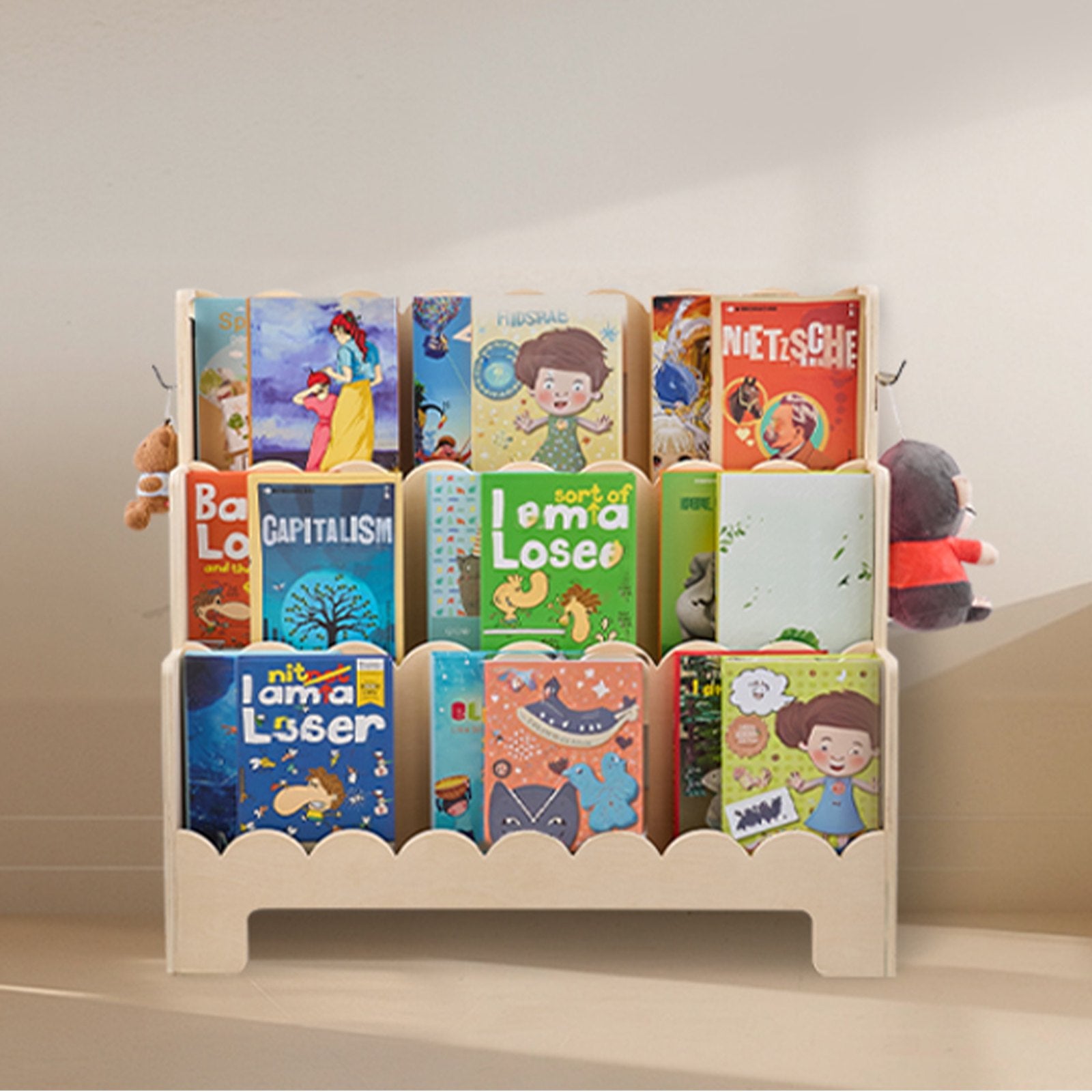 Montessori 3-Tier Scalloped Kids Bookshelf Front Facing Bookcase with Hooks