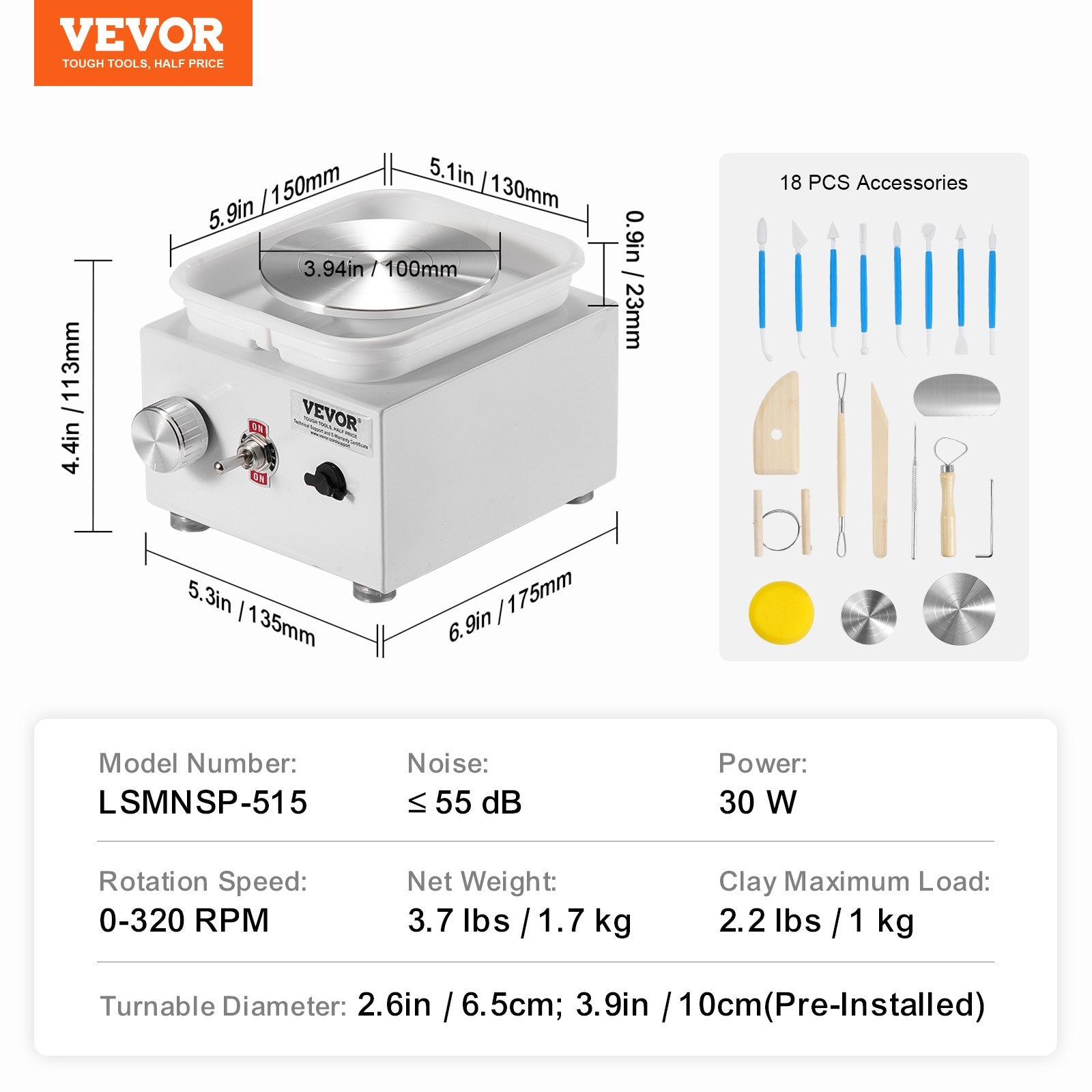 Mini Pottery Wheel 0-320RPM Adjustable, 2 Turntables with 18 Accessories, White