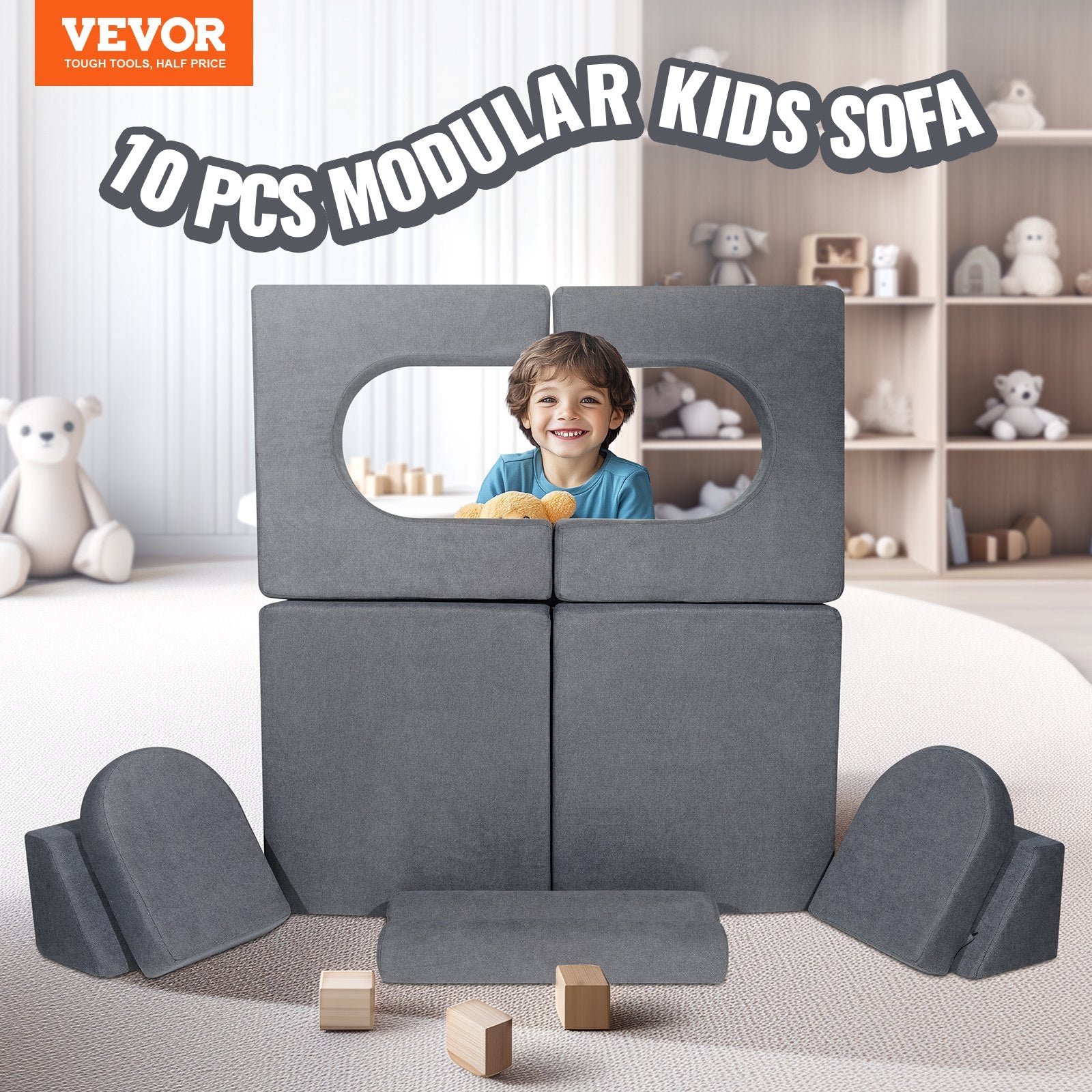 Kids Couch 10Pcs Modular Play Sofa, Toddler Chair with Removable Cover Grey