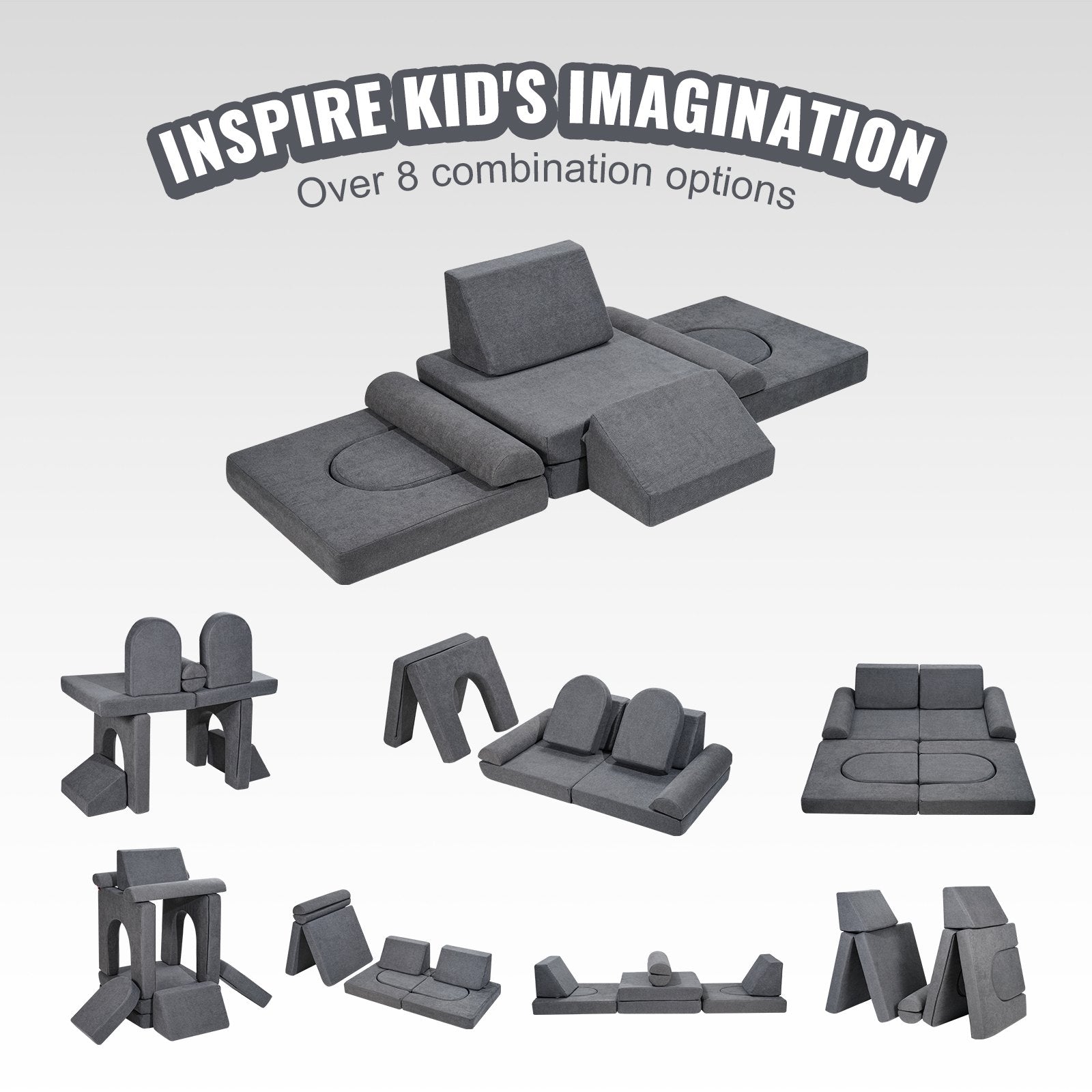 Kids Couch 10Pcs Modular Play Sofa, Toddler Chair with Removable Cover Grey