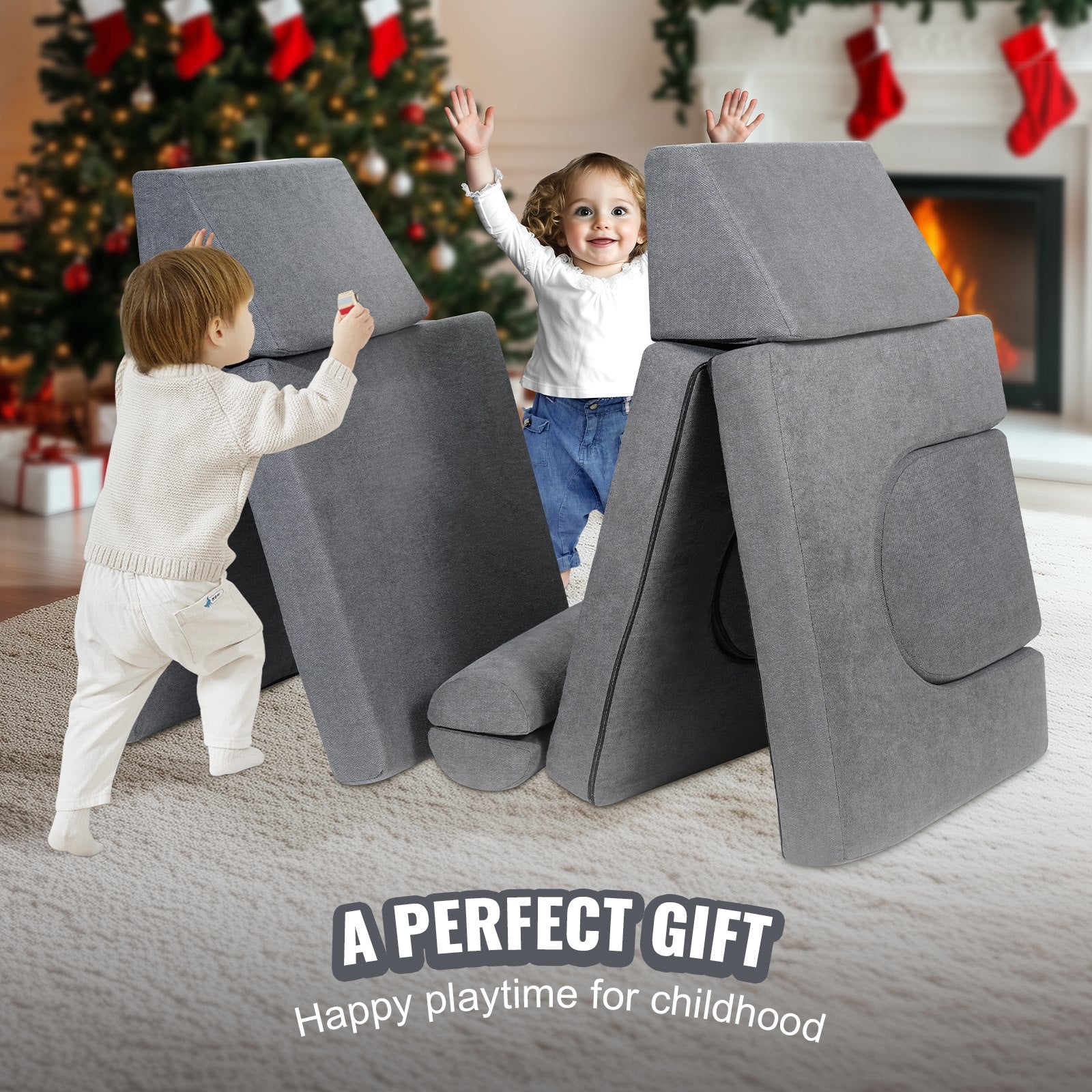 Kids Couch 10Pcs Modular Play Sofa, Toddler Chair with Removable Cover Grey