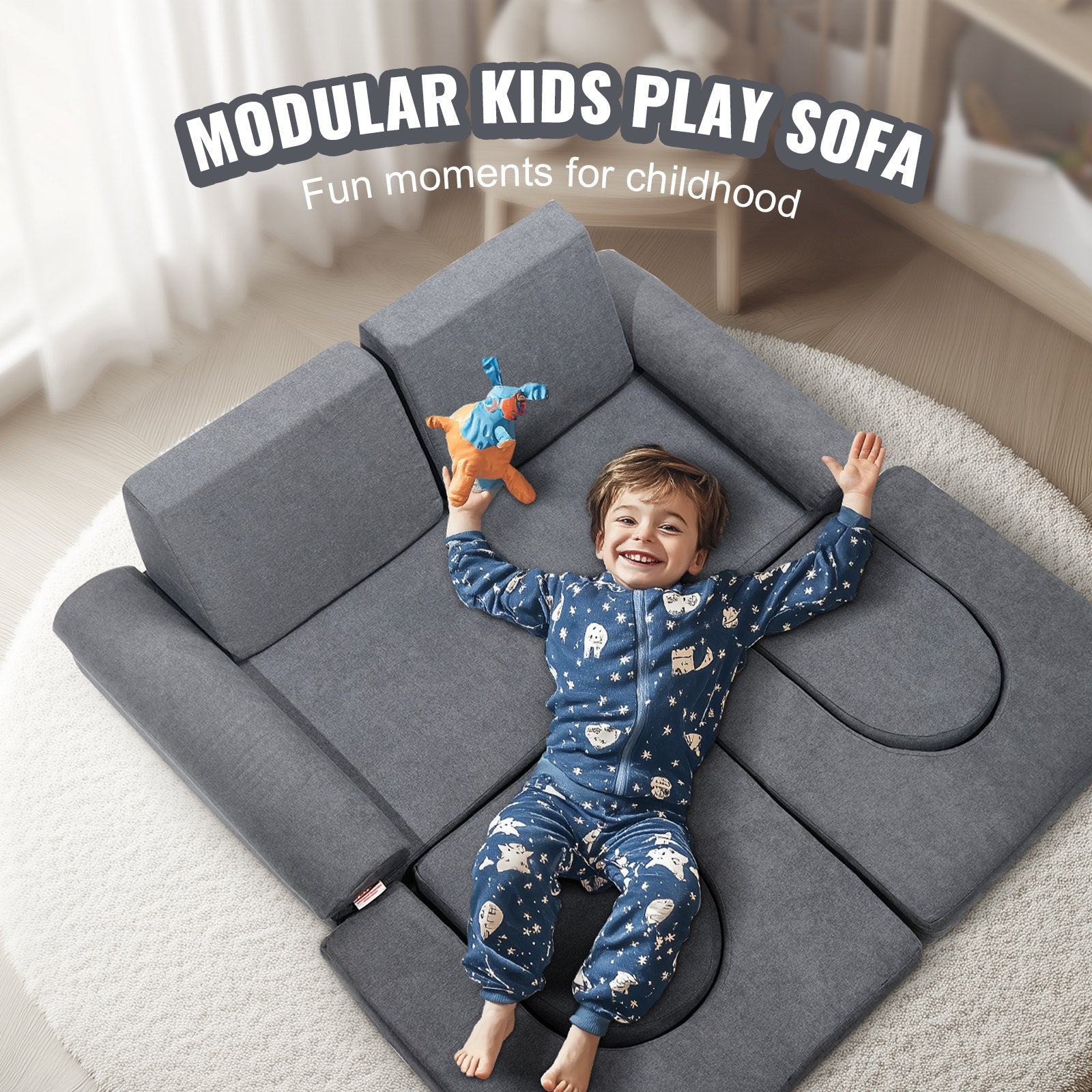 Kids Couch 10Pcs Modular Play Sofa, Toddler Chair with Removable Cover Grey