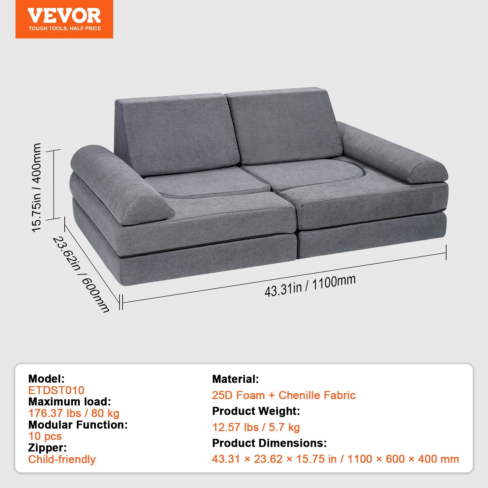 Kids Couch 10Pcs Modular Play Sofa, Toddler Chair with Removable Cover Grey
