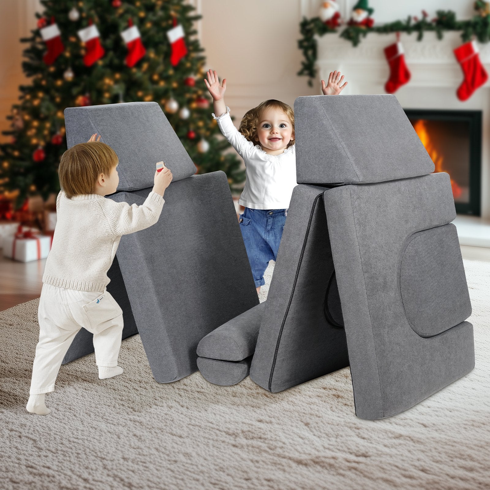 Kids Couch 10Pcs Modular Play Sofa, Toddler Chair with Removable Cover Grey