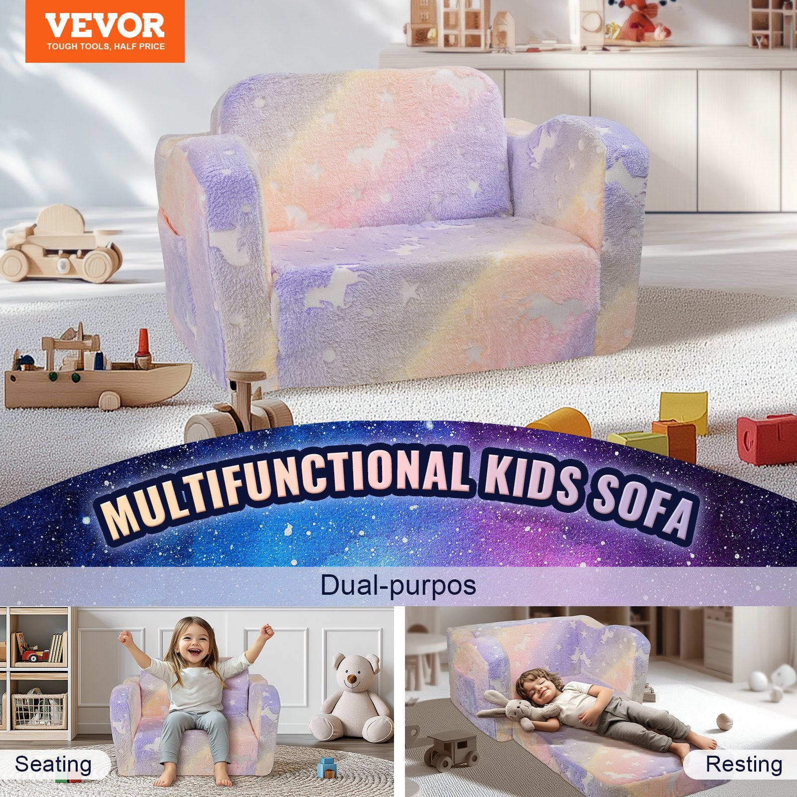 Kids Couch 2-in-1 Toddler Sofa Bed, Convertible Fold Out Chair Lounger Rainbow