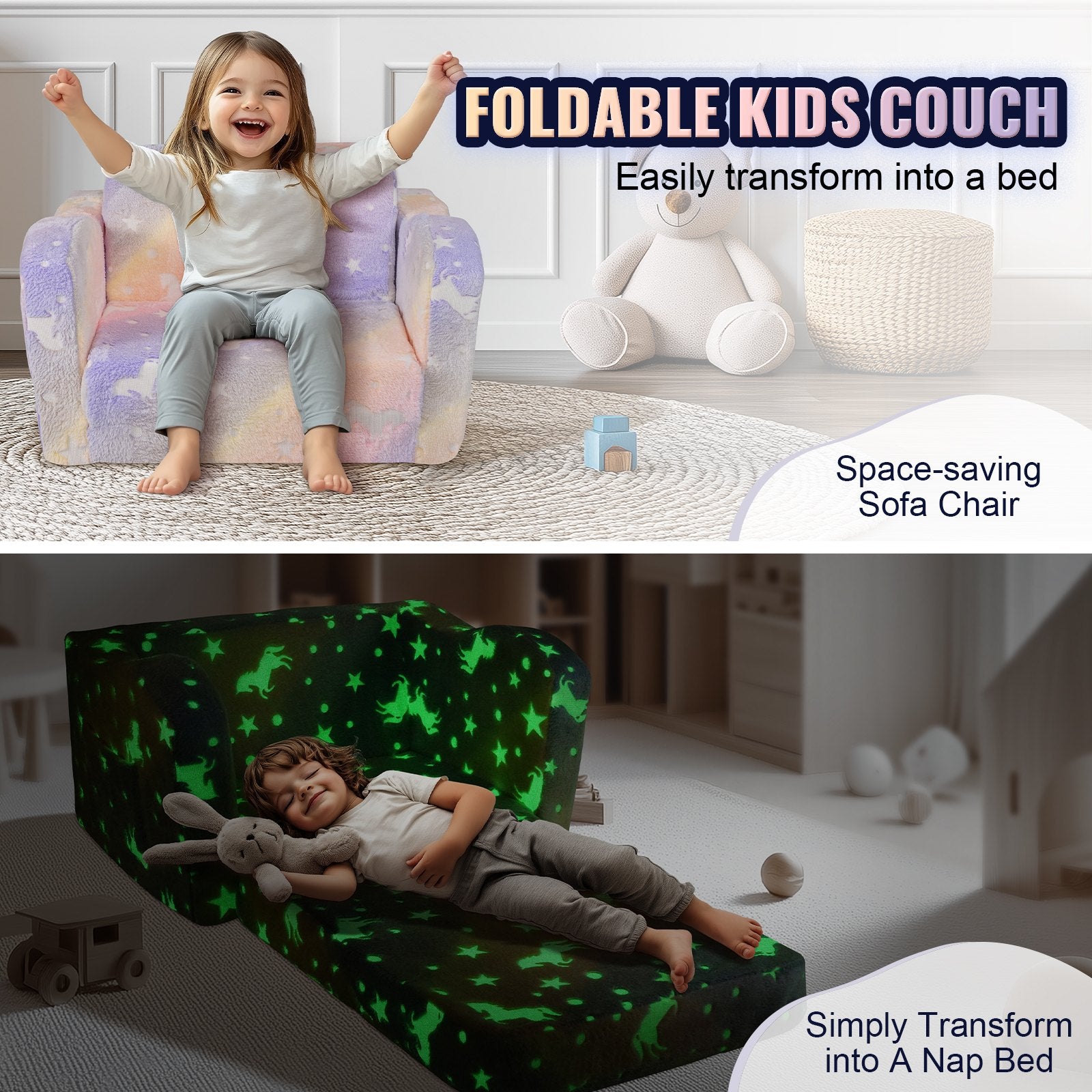 Kids Couch 2-in-1 Toddler Sofa Bed, Convertible Fold Out Chair Lounger Rainbow