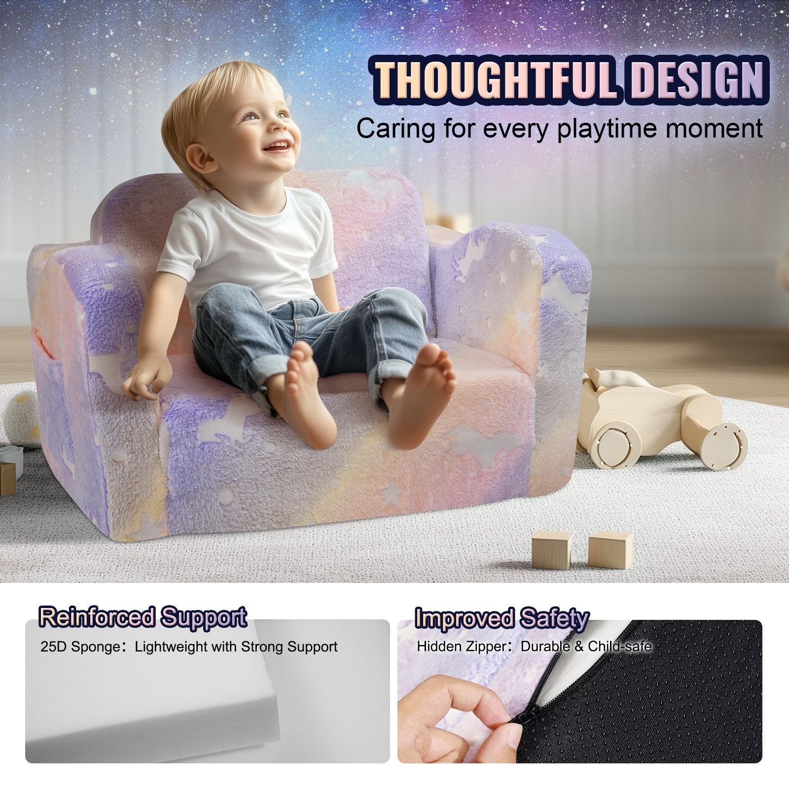 Kids Couch 2-in-1 Toddler Sofa Bed, Convertible Fold Out Chair Lounger Rainbow
