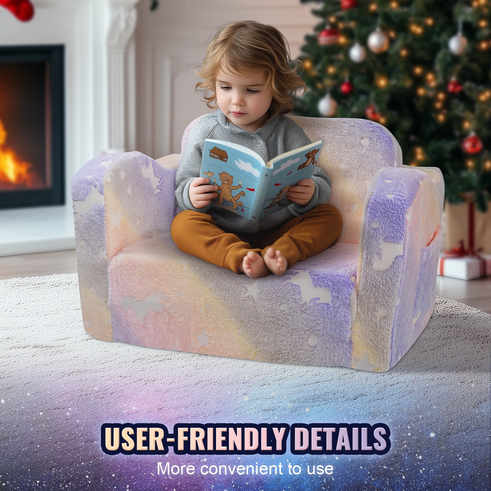 Kids Couch 2-in-1 Toddler Sofa Bed, Convertible Fold Out Chair Lounger Rainbow