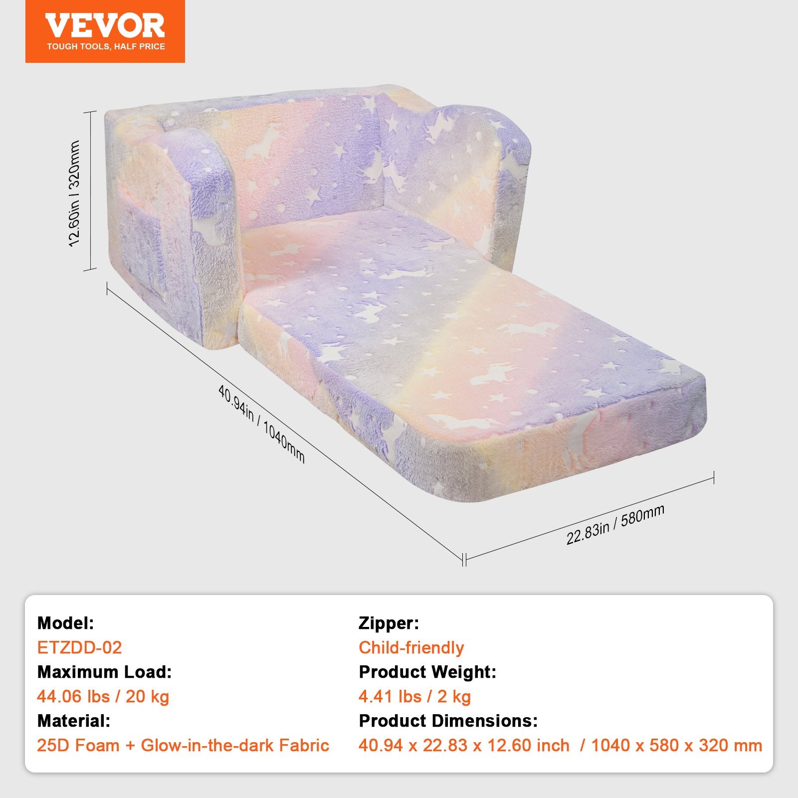Kids Couch 2-in-1 Toddler Sofa Bed, Convertible Fold Out Chair Lounger Rainbow