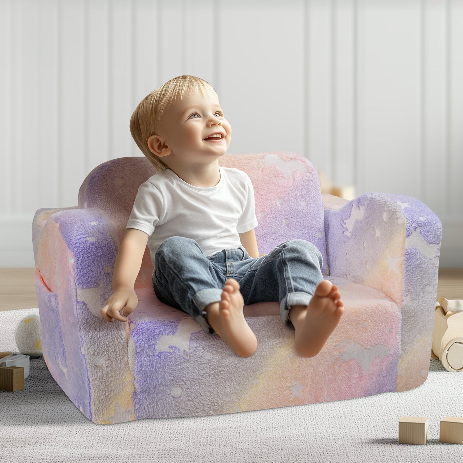 Kids Couch 2-in-1 Toddler Sofa Bed, Convertible Fold Out Chair Lounger Rainbow