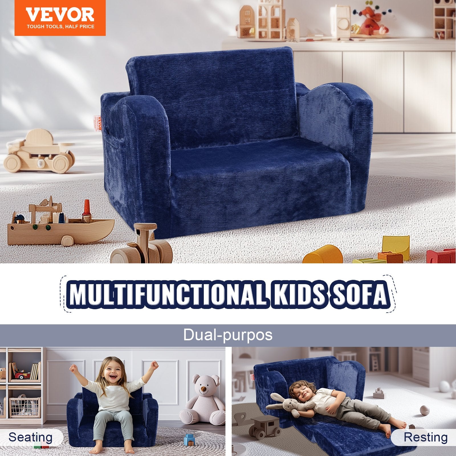 Kids Couch 2-in-1 Toddler Sofa Bed, Convertible Fold Out Chair Lounger Blue