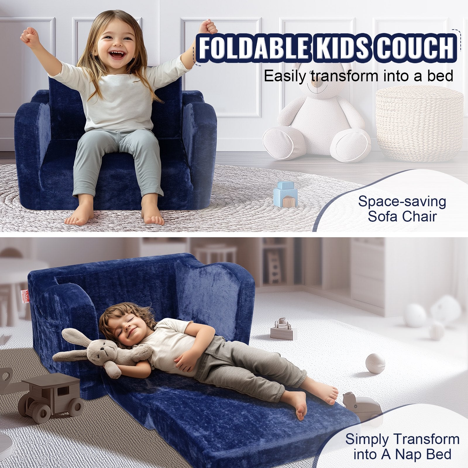 Kids Couch 2-in-1 Toddler Sofa Bed, Convertible Fold Out Chair Lounger Blue