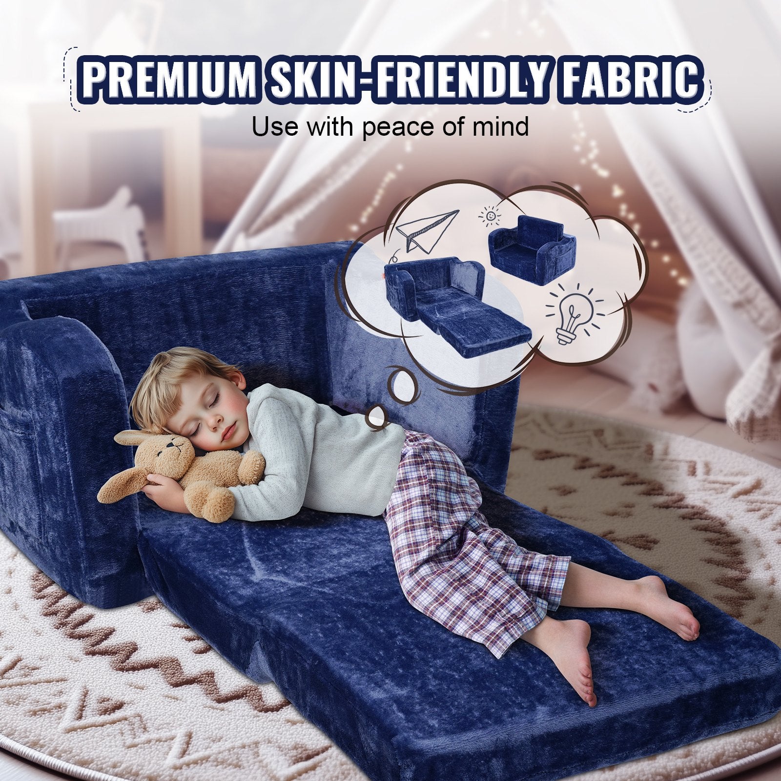 Kids Couch 2-in-1 Toddler Sofa Bed, Convertible Fold Out Chair Lounger Blue