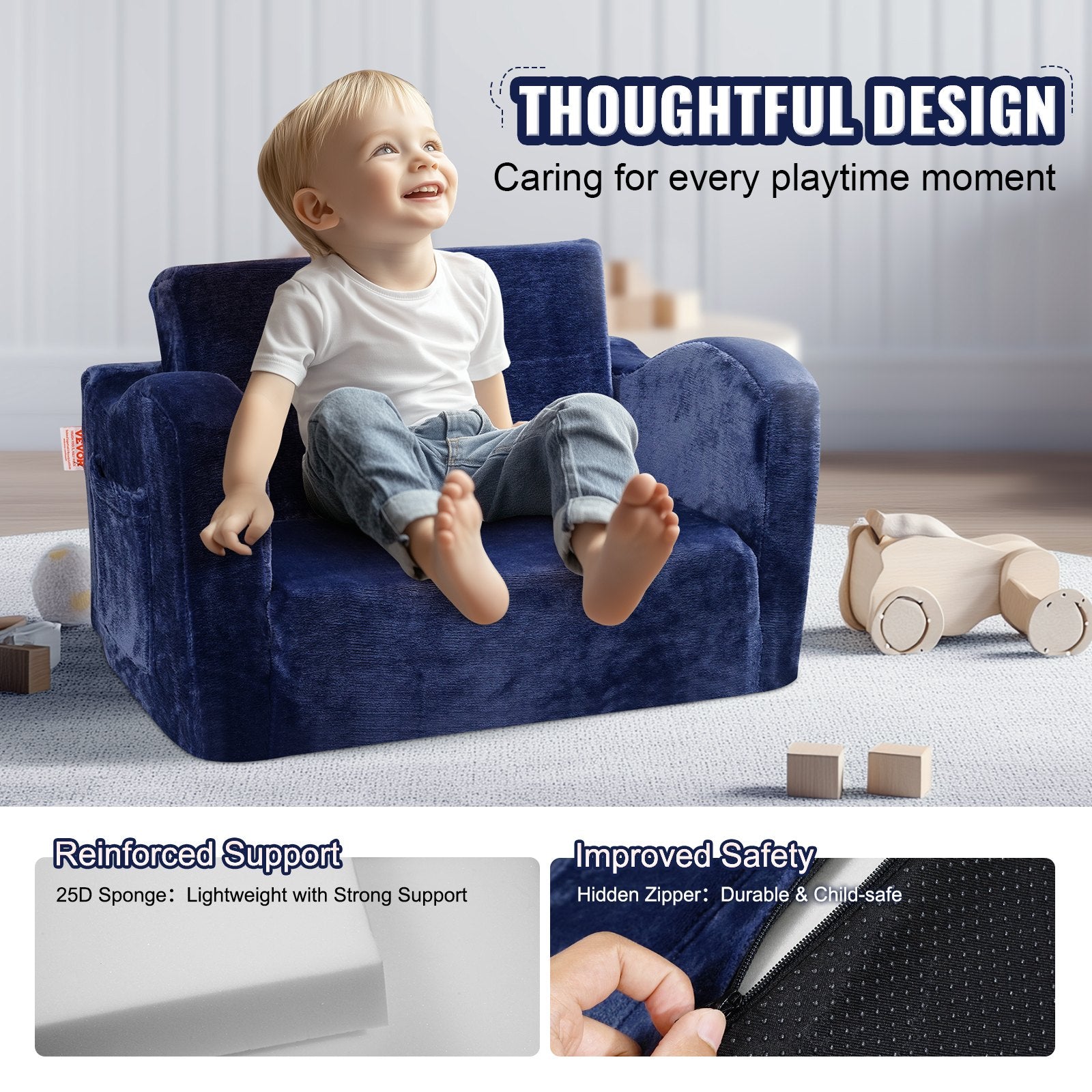 Kids Couch 2-in-1 Toddler Sofa Bed, Convertible Fold Out Chair Lounger Blue