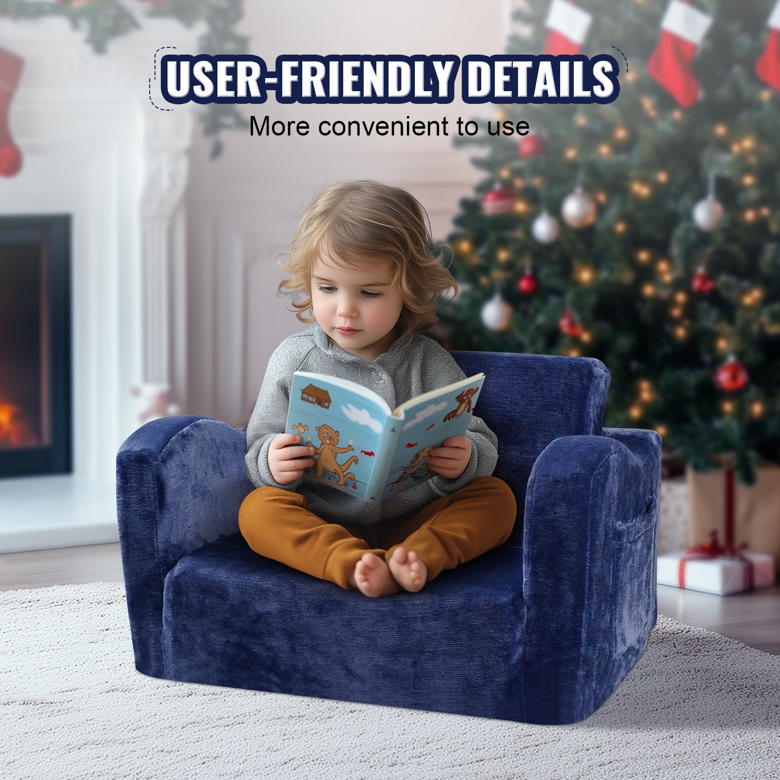 Kids Couch 2-in-1 Toddler Sofa Bed, Convertible Fold Out Chair Lounger Blue
