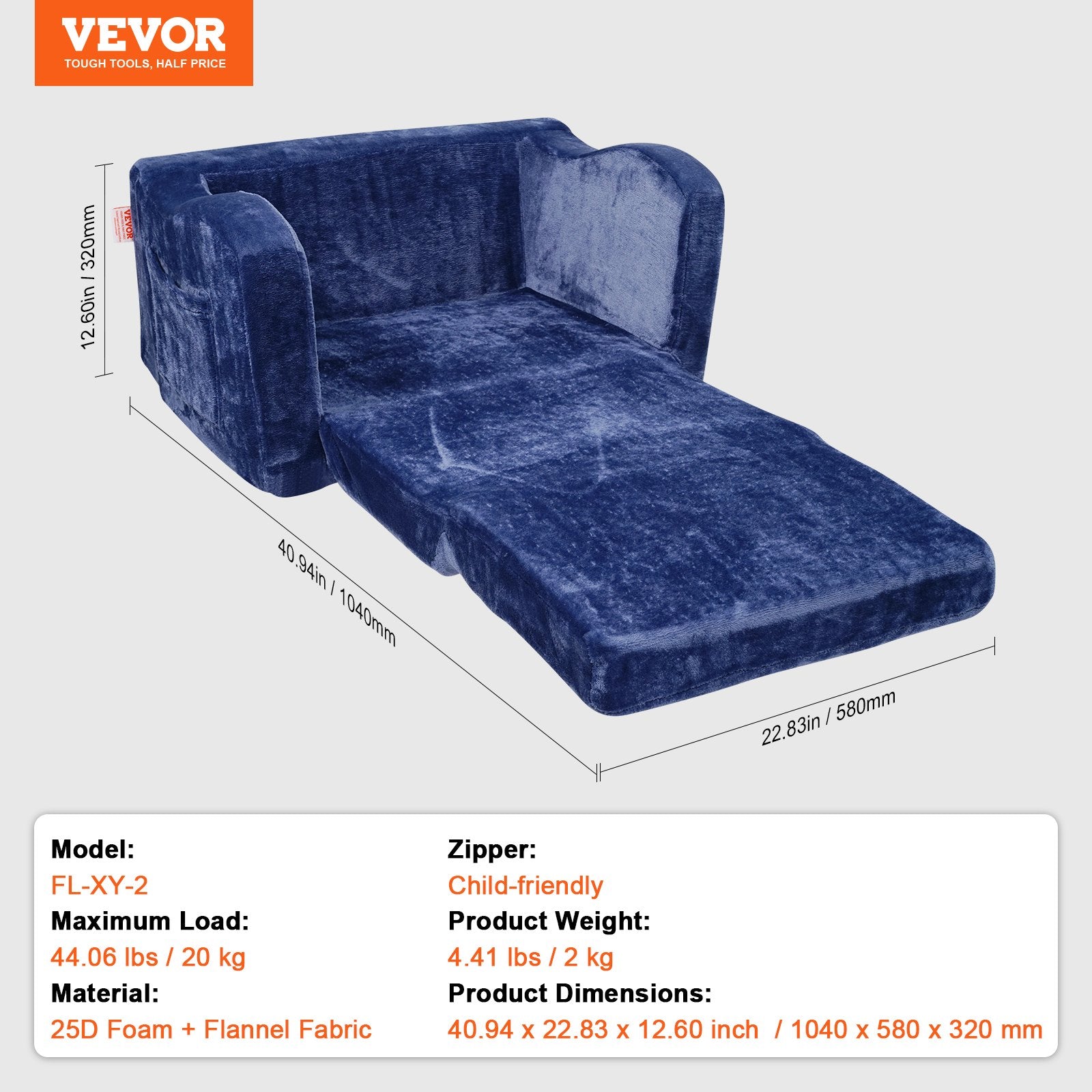 Kids Couch 2-in-1 Toddler Sofa Bed, Convertible Fold Out Chair Lounger Blue