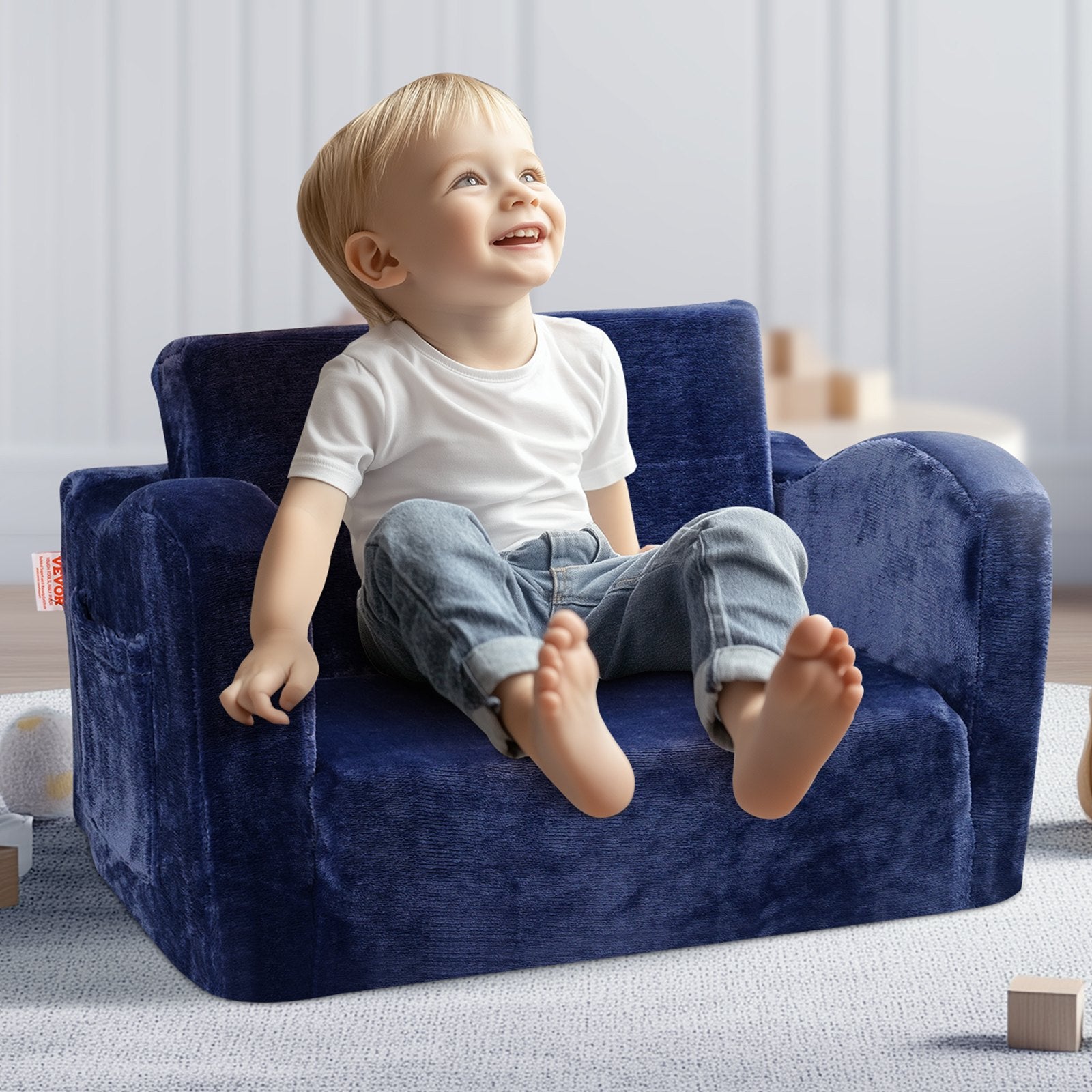 Kids Couch 2-in-1 Toddler Sofa Bed, Convertible Fold Out Chair Lounger Blue