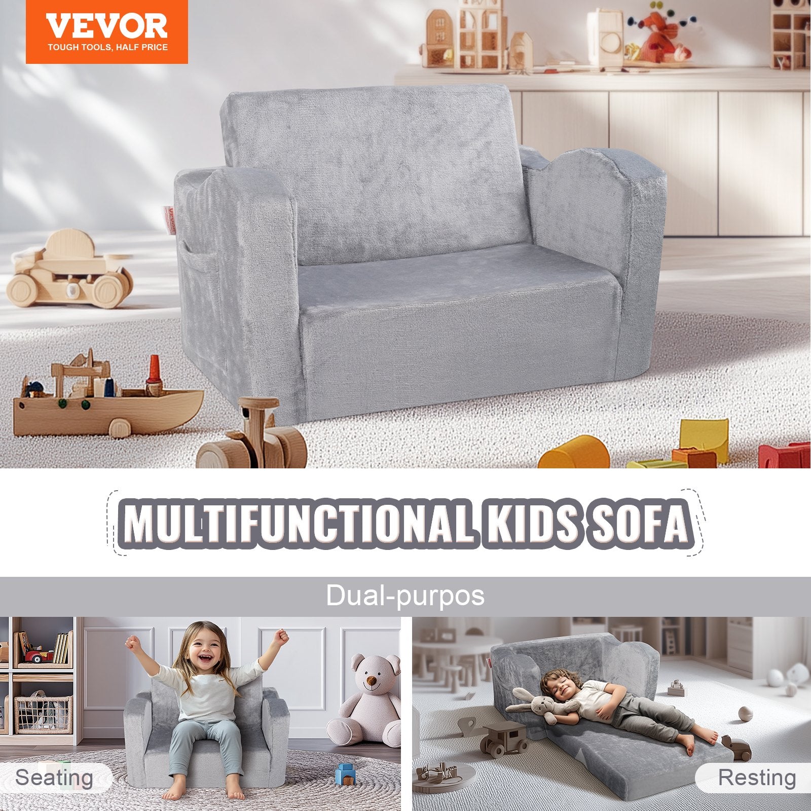 Kids Couch 2-in-1 Toddler Sofa Bed, Convertible Fold Out Chair Lounger Grey