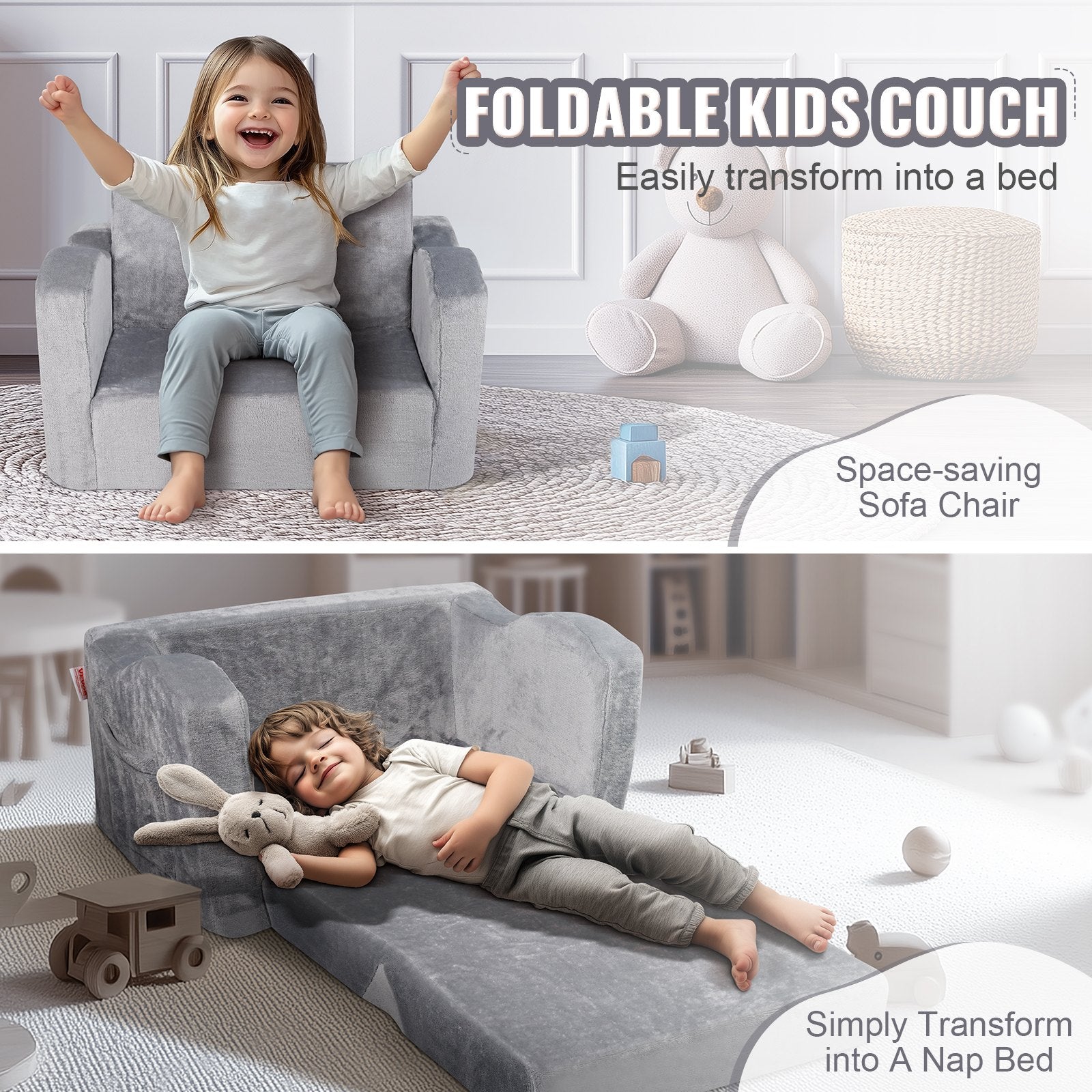 Kids Couch 2-in-1 Toddler Sofa Bed, Convertible Fold Out Chair Lounger Grey