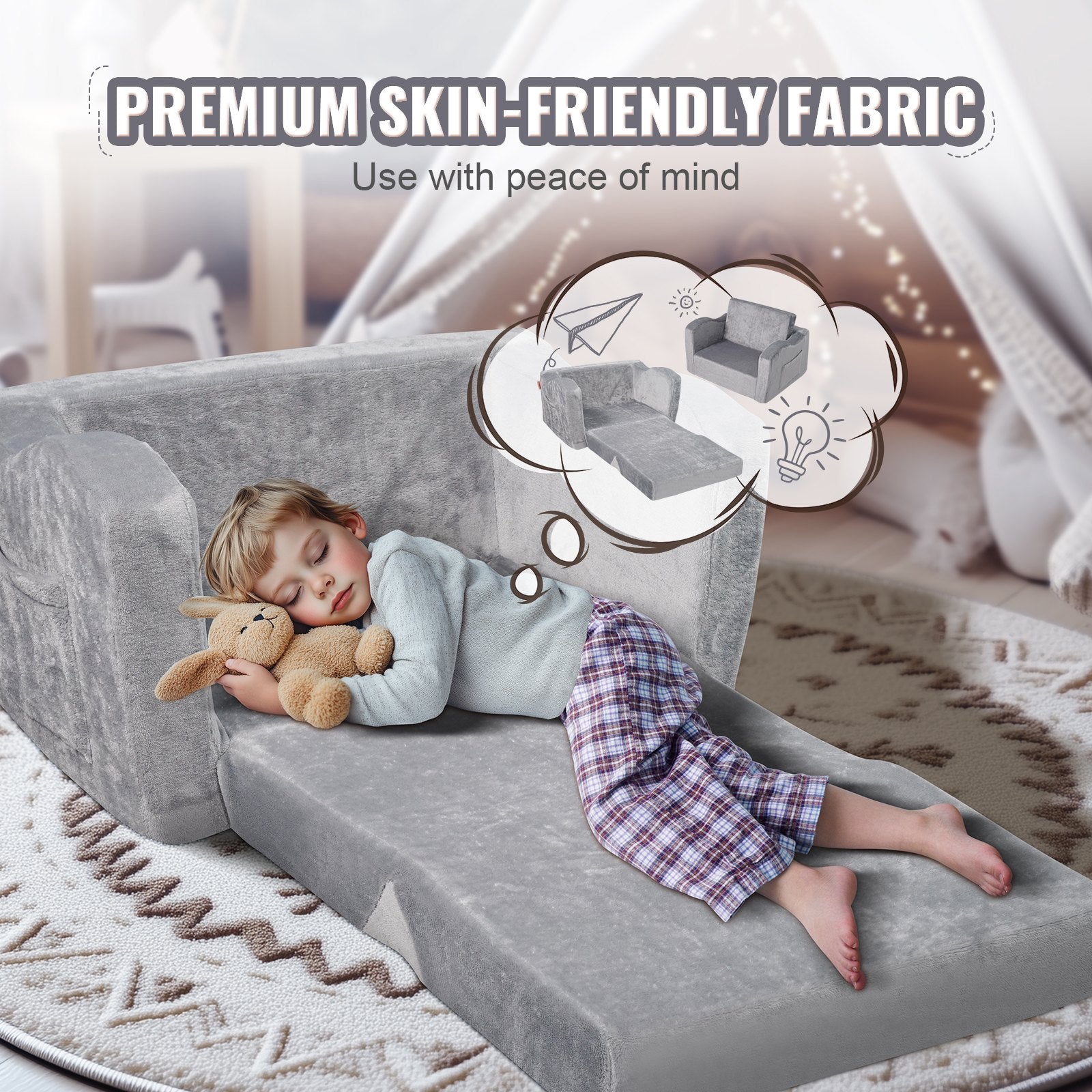 Kids Couch 2-in-1 Toddler Sofa Bed, Convertible Fold Out Chair Lounger Grey
