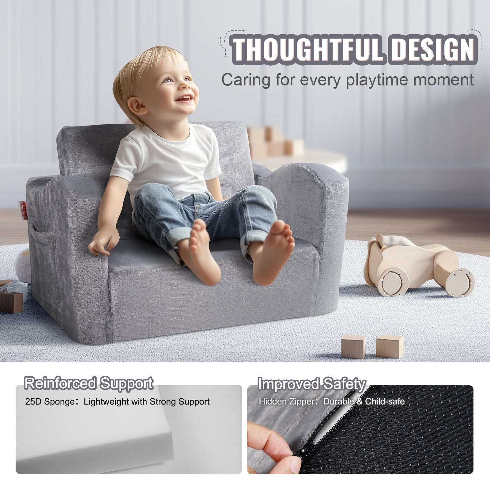 Kids Couch 2-in-1 Toddler Sofa Bed, Convertible Fold Out Chair Lounger Grey