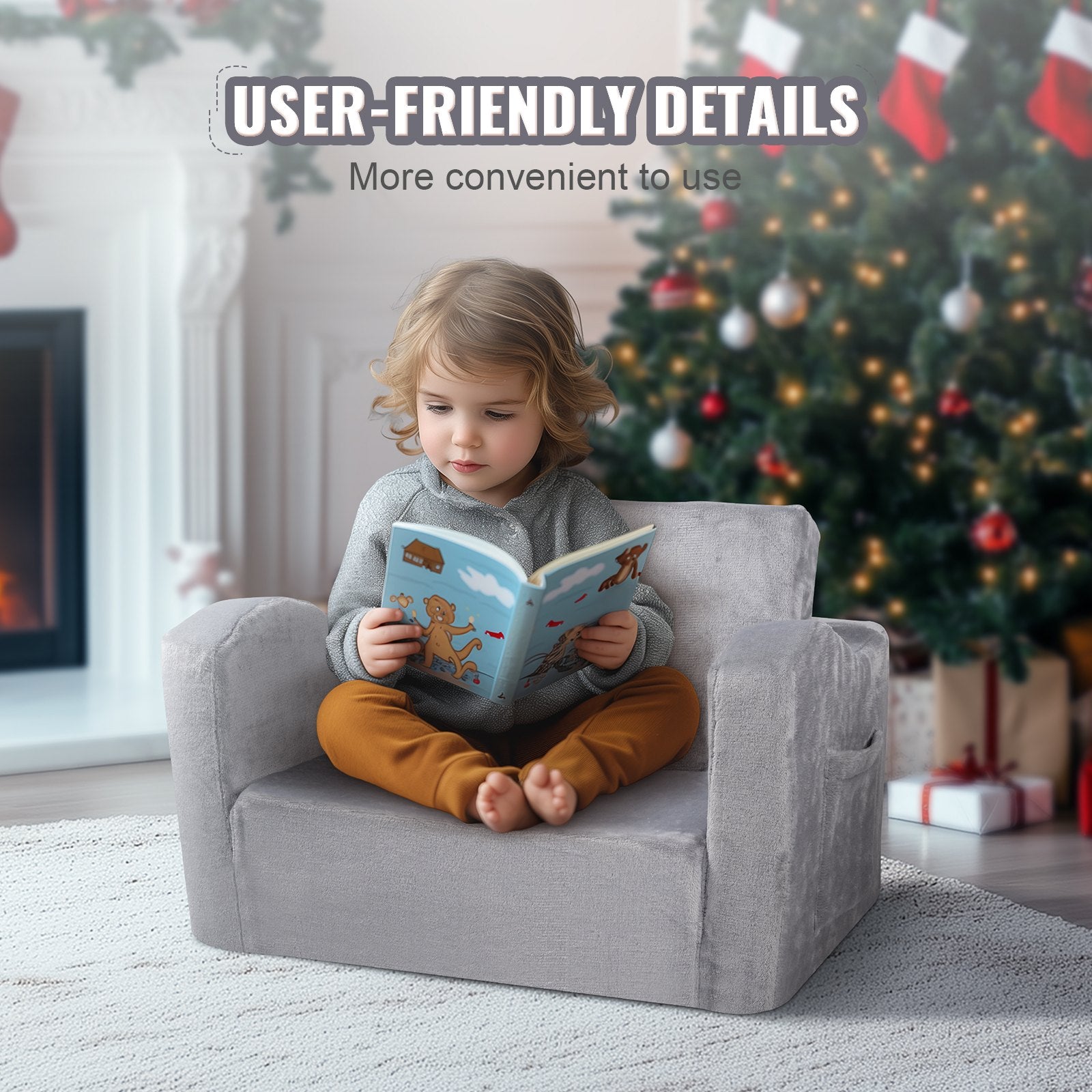 Kids Couch 2-in-1 Toddler Sofa Bed, Convertible Fold Out Chair Lounger Grey