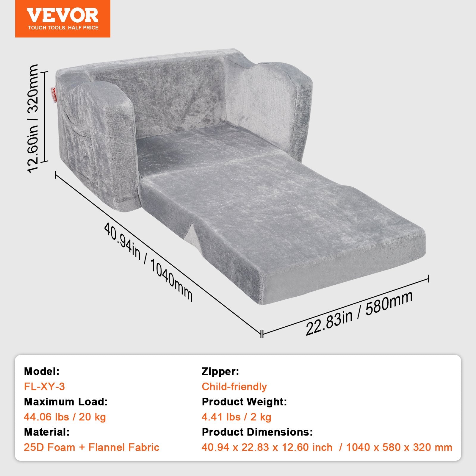 Kids Couch 2-in-1 Toddler Sofa Bed, Convertible Fold Out Chair Lounger Grey