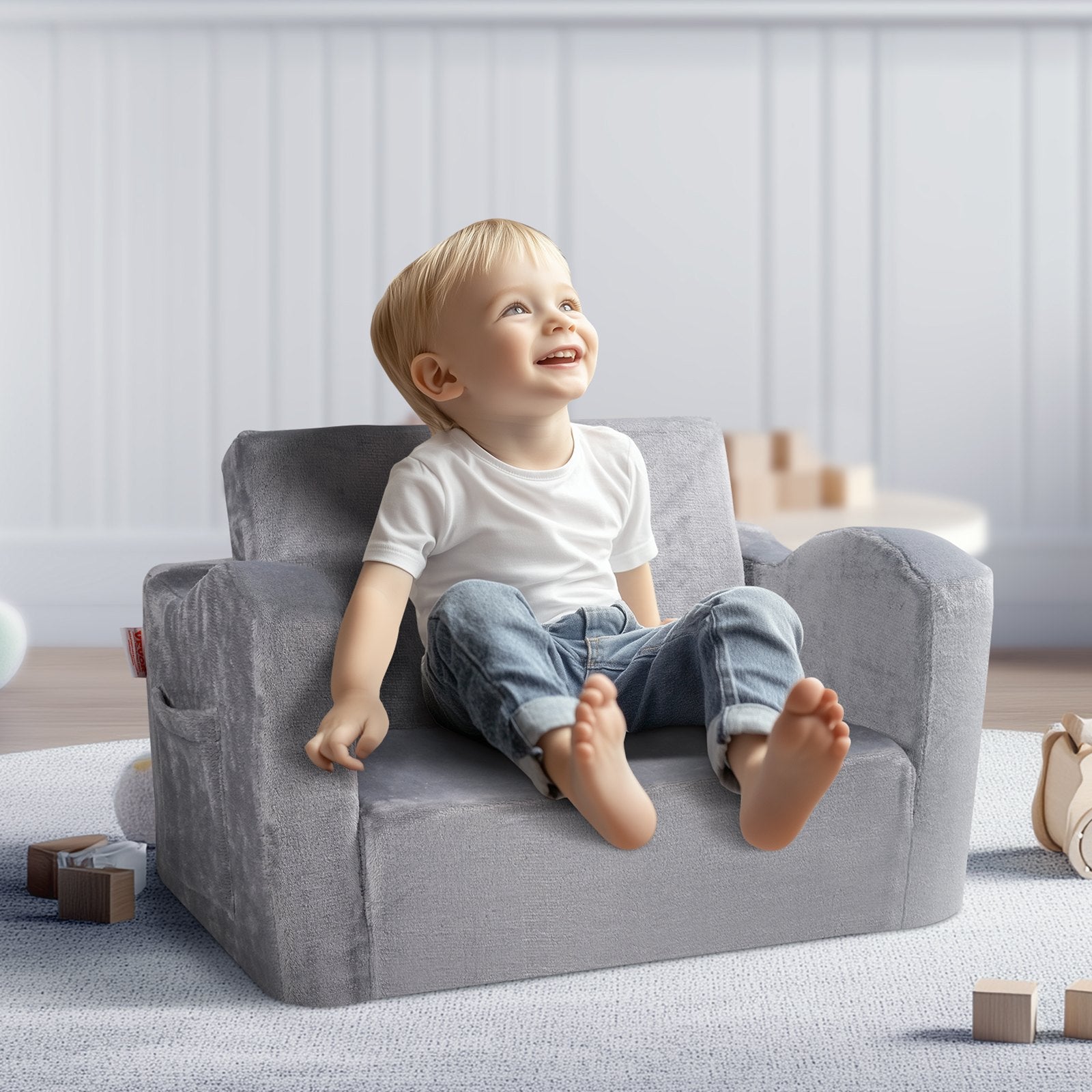 Kids Couch 2-in-1 Toddler Sofa Bed, Convertible Fold Out Chair Lounger Grey