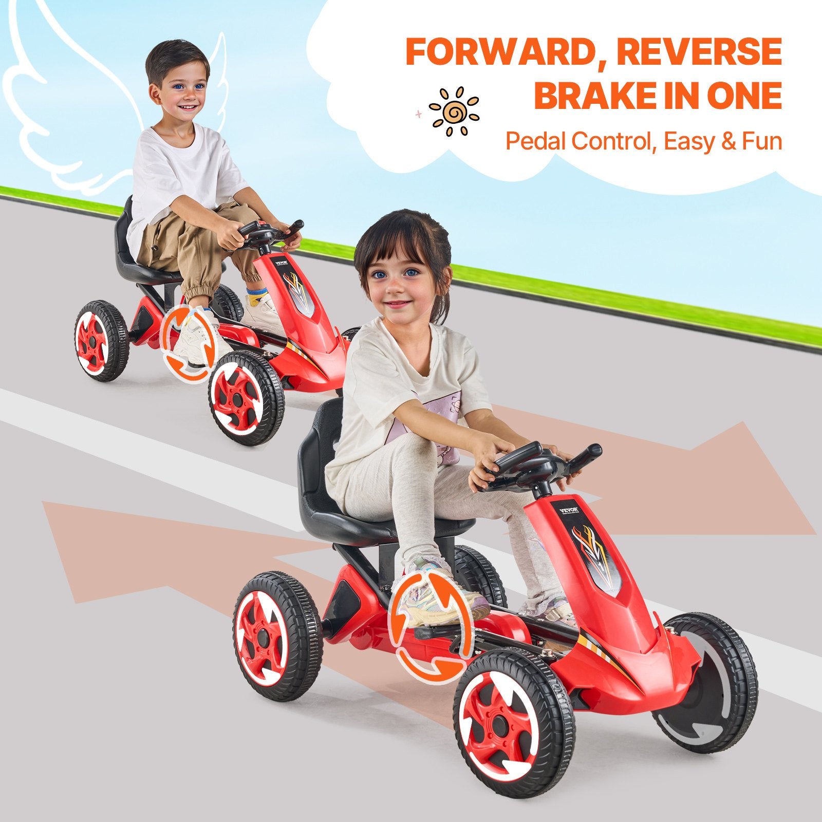 Kids Pedal Go Kart 4-Wheel Off-Road Ride-On Toy with Adjustable Seat Red