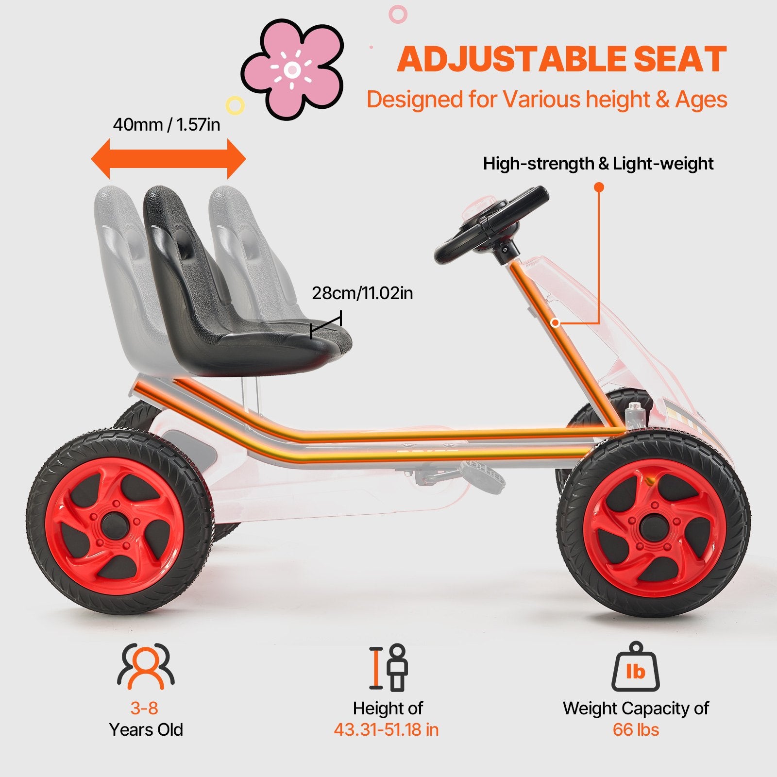Kids Pedal Go Kart 4-Wheel Off-Road Ride-On Toy with Adjustable Seat Red