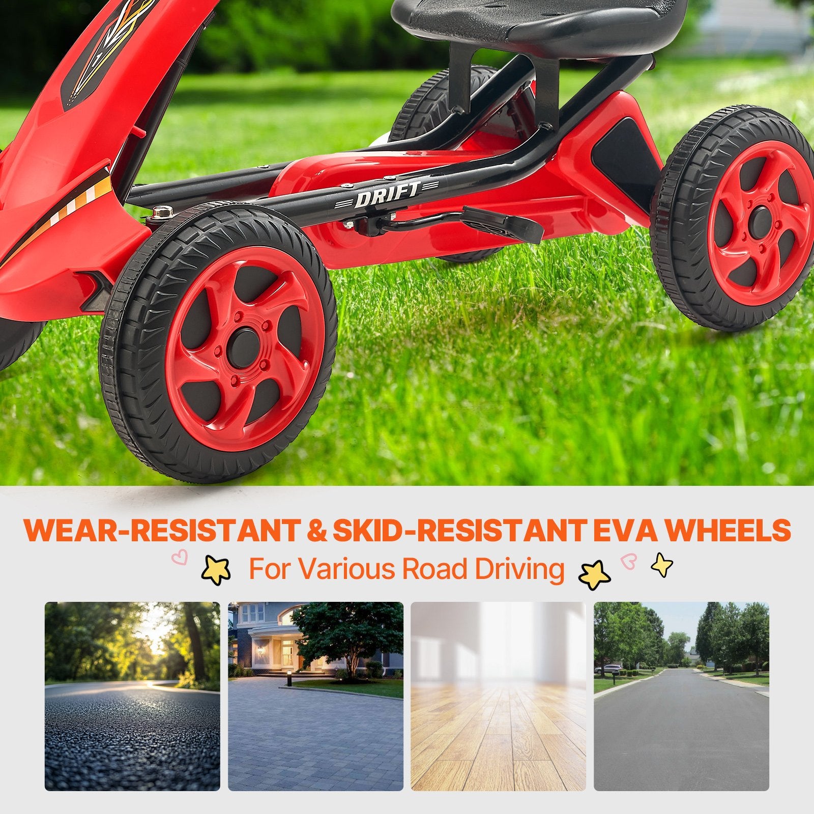 Kids Pedal Go Kart 4-Wheel Off-Road Ride-On Toy with Adjustable Seat Red