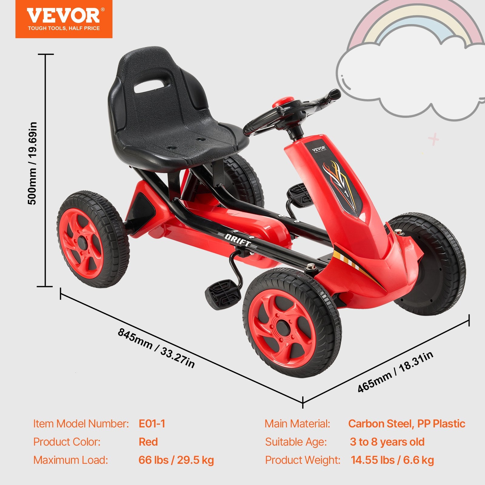 Kids Pedal Go Kart 4-Wheel Off-Road Ride-On Toy with Adjustable Seat Red
