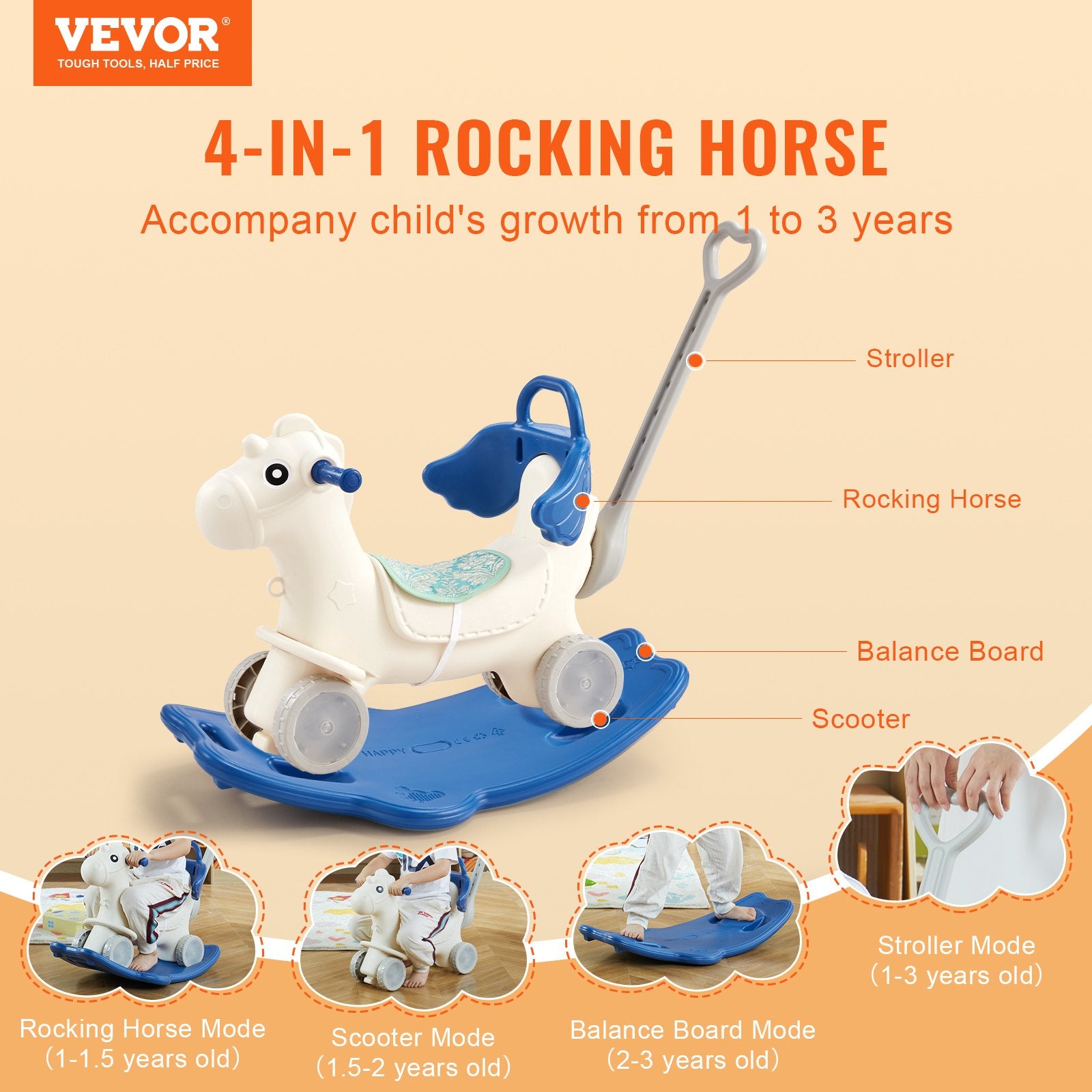 4 in 1 Rocking Horse T1-3 w/Det Board Handle 4 Wheels 80lbs HDPE Sound Blue