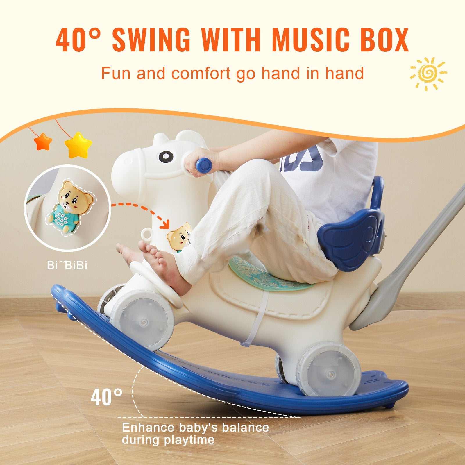 4 in 1 Rocking Horse T1-3 w/Det Board Handle 4 Wheels 80lbs HDPE Sound Blue