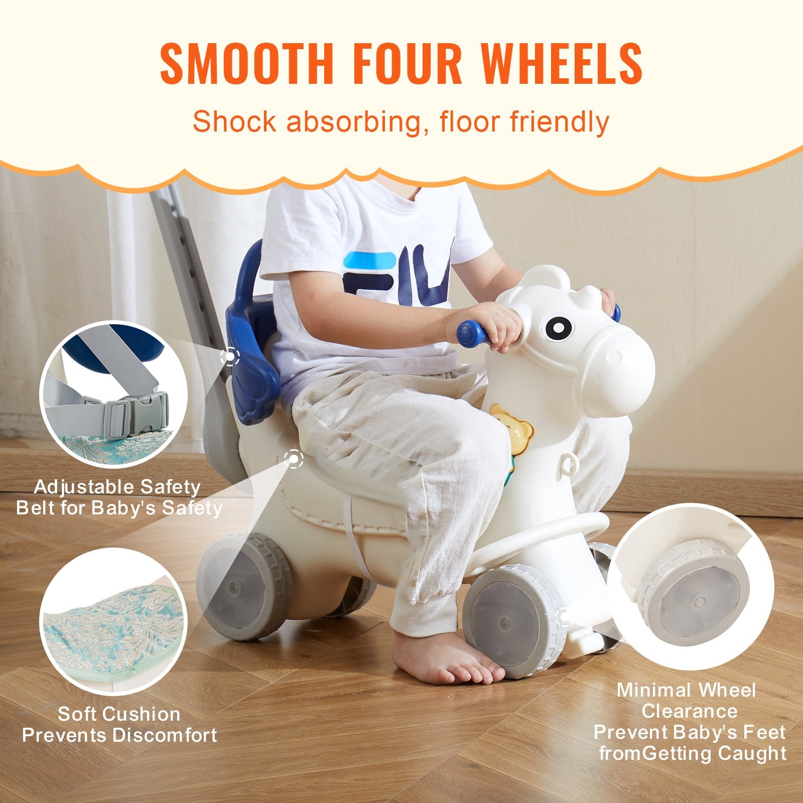 4 in 1 Rocking Horse T1-3 w/Det Board Handle 4 Wheels 80lbs HDPE Sound Blue