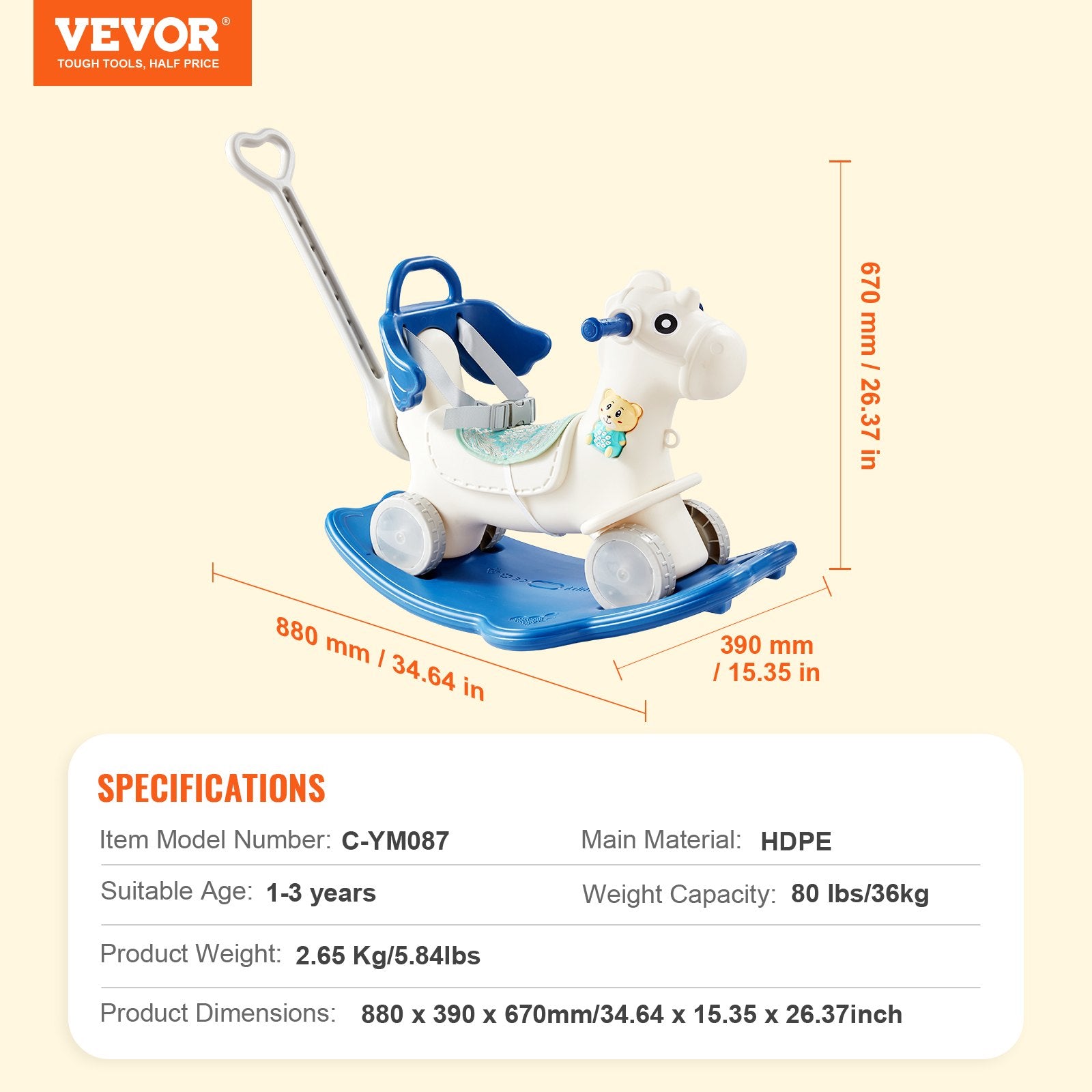 4 in 1 Rocking Horse T1-3 w/Det Board Handle 4 Wheels 80lbs HDPE Sound Blue