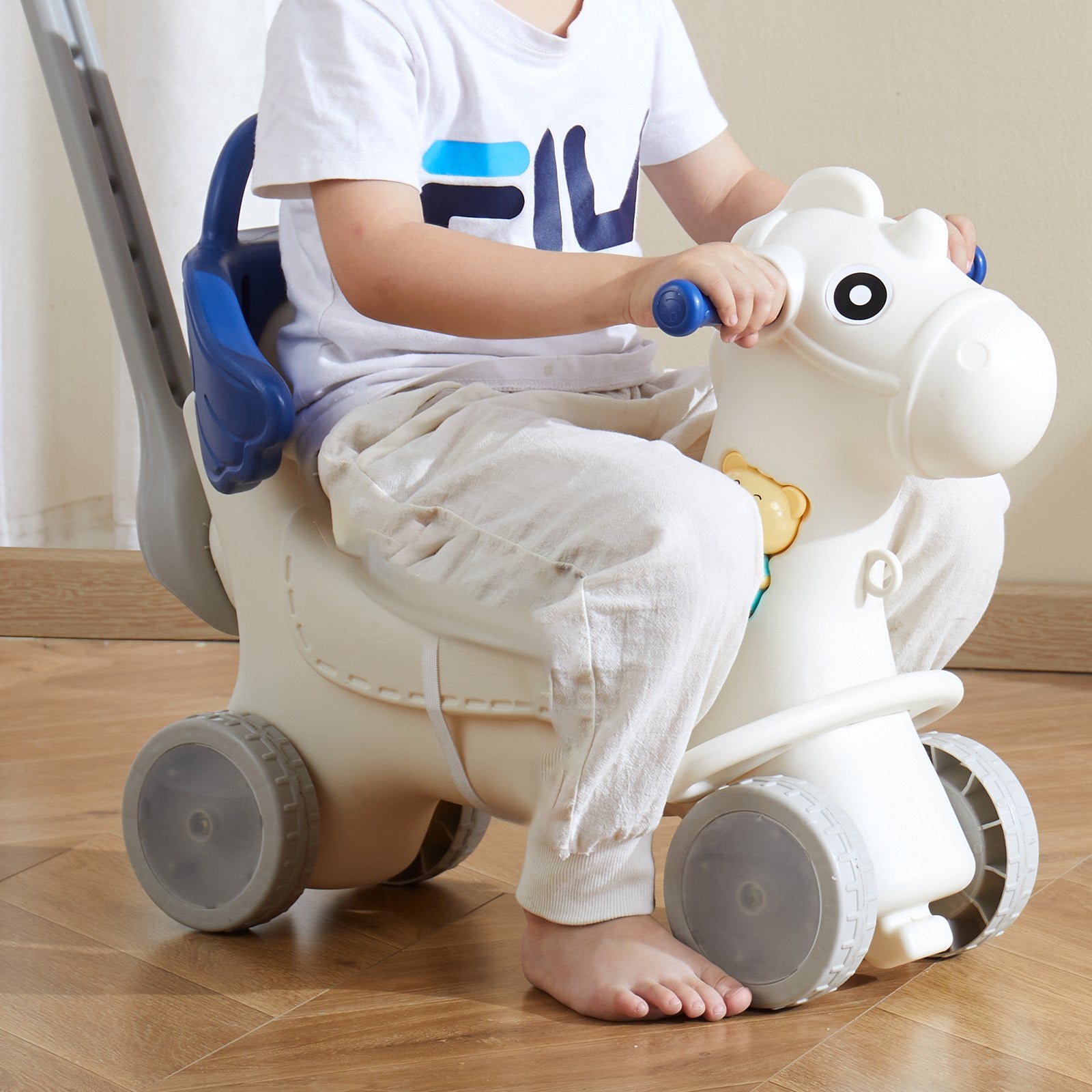 4 in 1 Rocking Horse T1-3 w/Det Board Handle 4 Wheels 80lbs HDPE Sound Blue