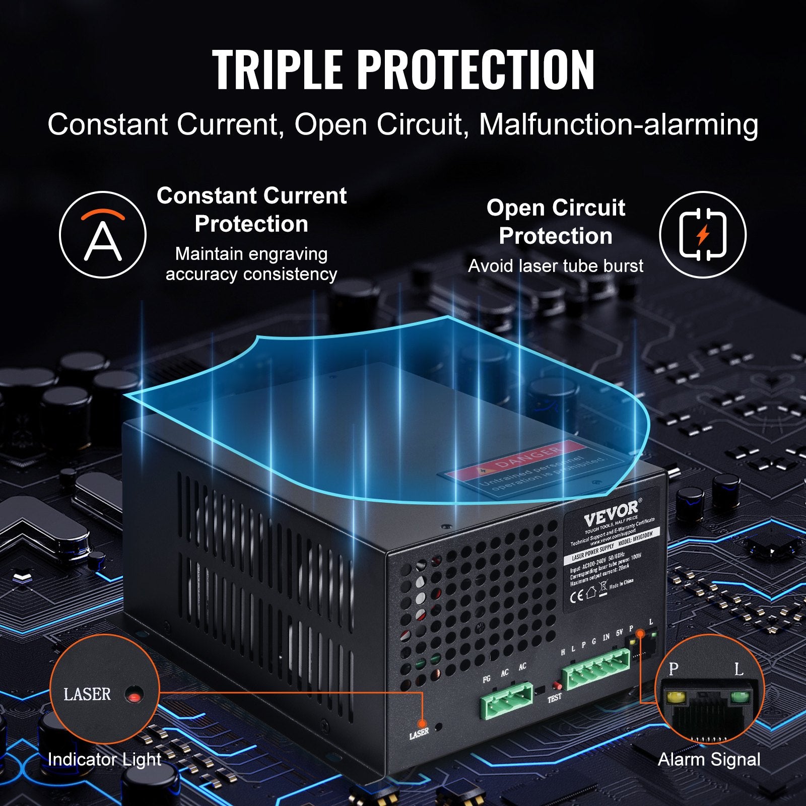 CO2 Laser Power Supply 100W Constant Current Open Circuit Protection Engravers