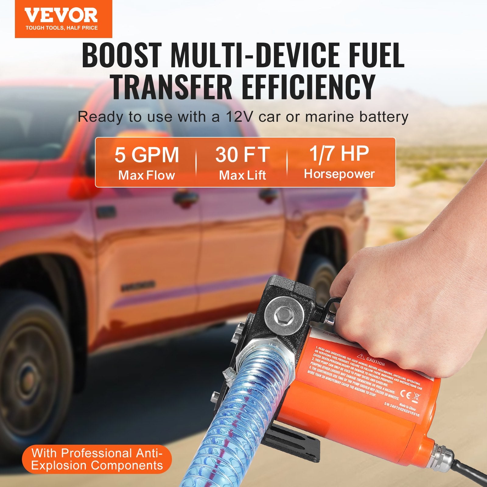 Fuel Transfer Pump 12V DC 5.3 GPM Portable Diesel Gasoline Auto Nozzle