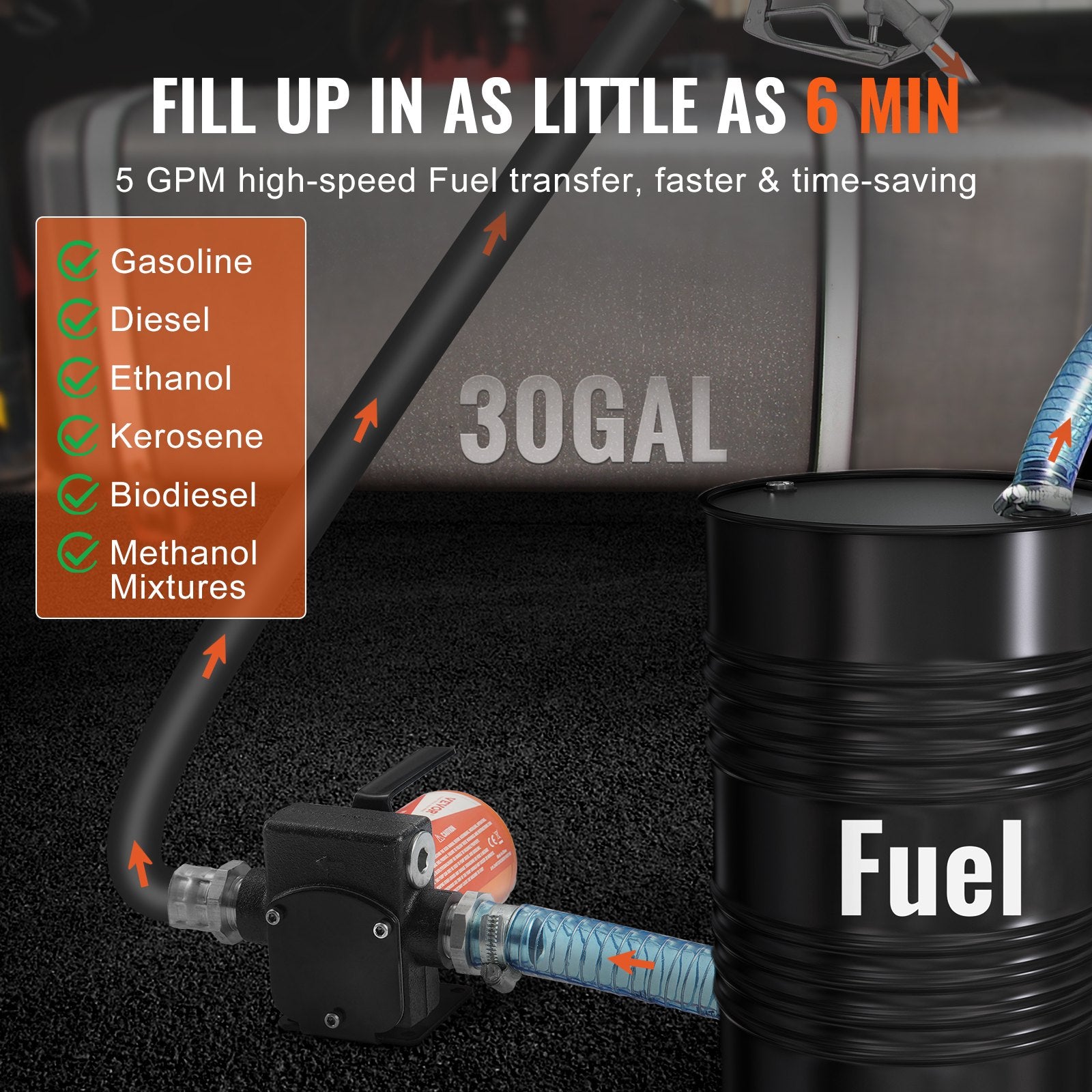 Fuel Transfer Pump 12V DC 5.3 GPM Portable Diesel Gasoline Auto Nozzle