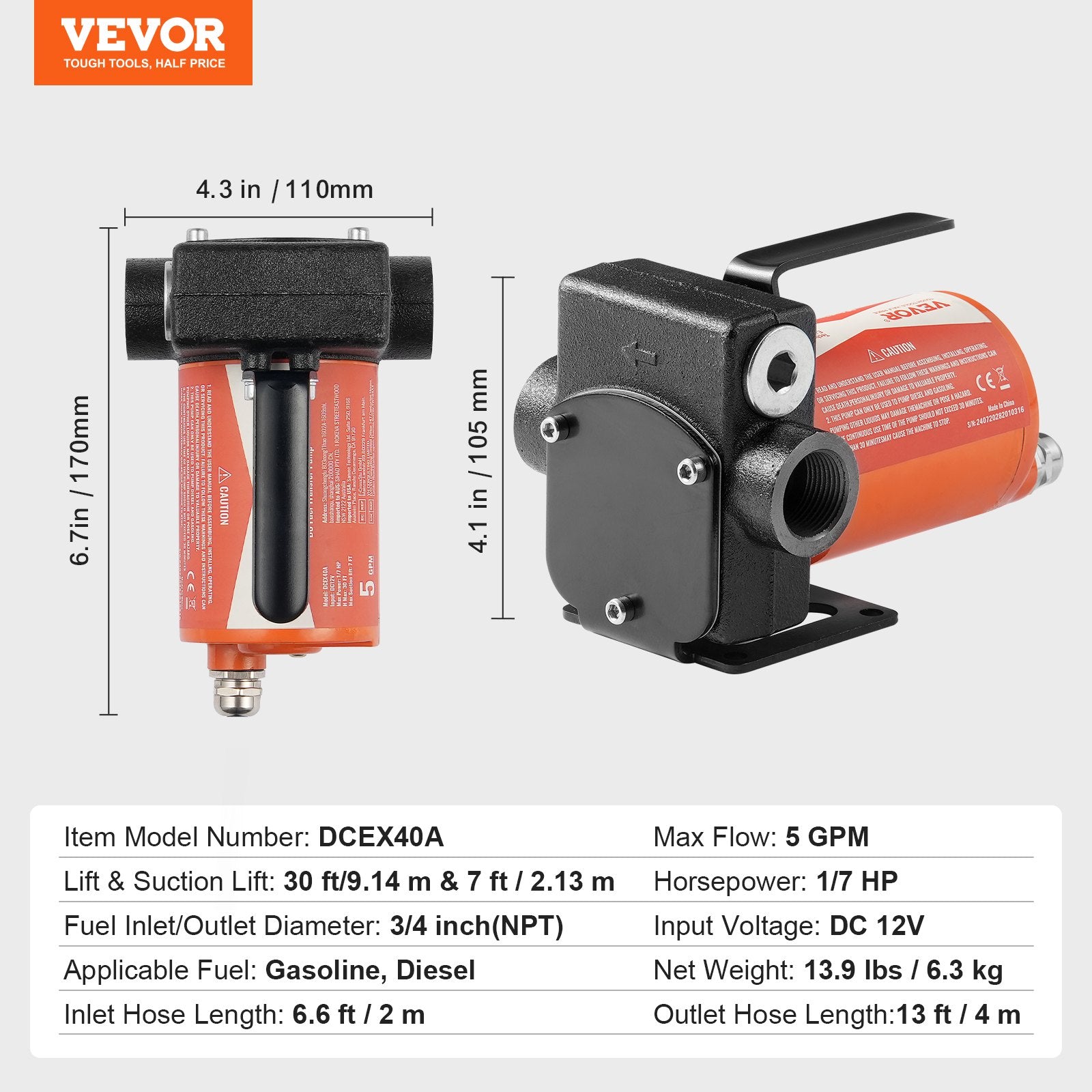 Fuel Transfer Pump 12V DC 5.3 GPM Portable Diesel Gasoline Auto Nozzle