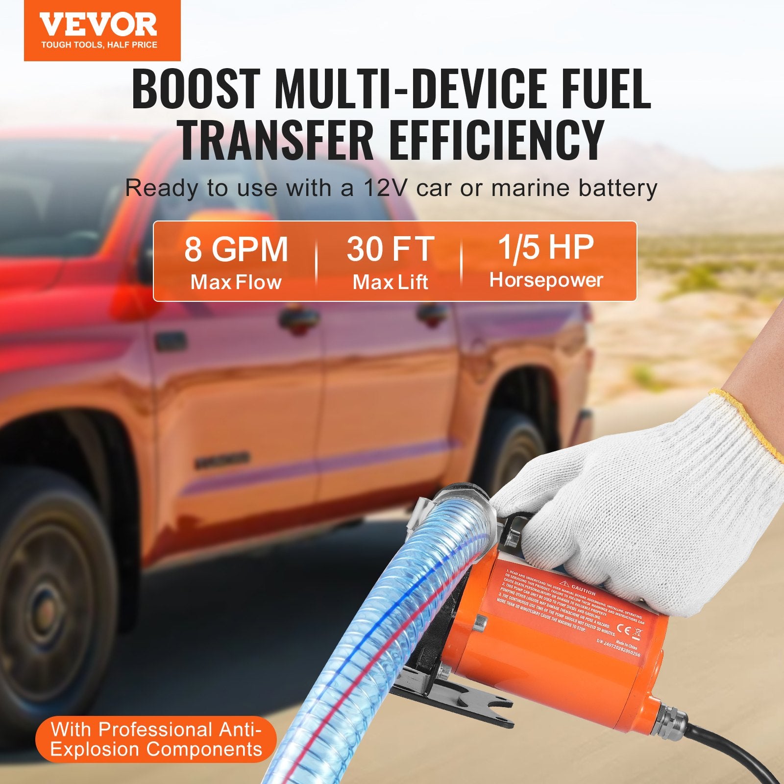 Fuel Transfer Pump 12V DC 8GPM 1/6 HP Portable Electric Auto Shut-Off Nozzle