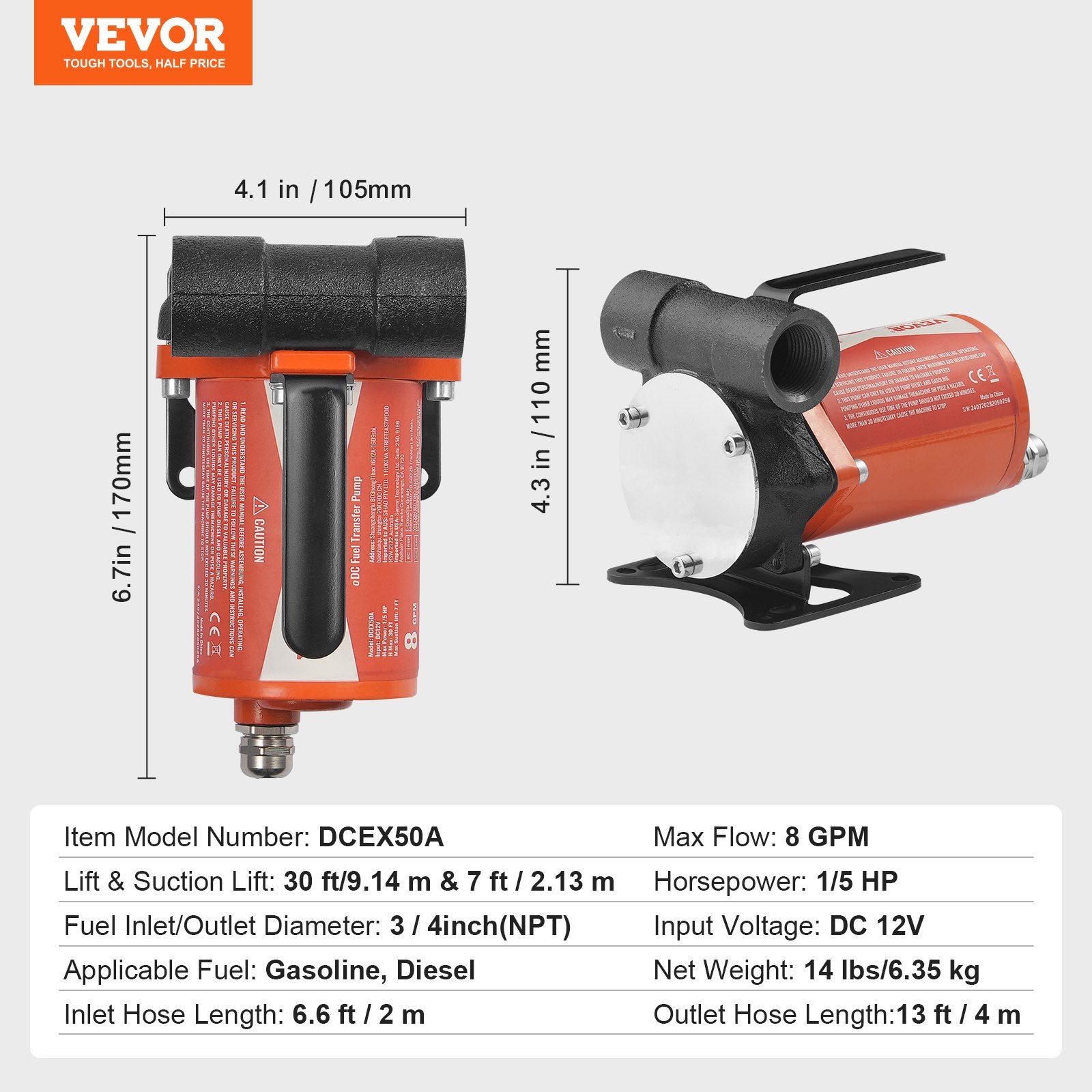 Fuel Transfer Pump 12V DC 8GPM 1/6 HP Portable Electric Auto Shut-Off Nozzle