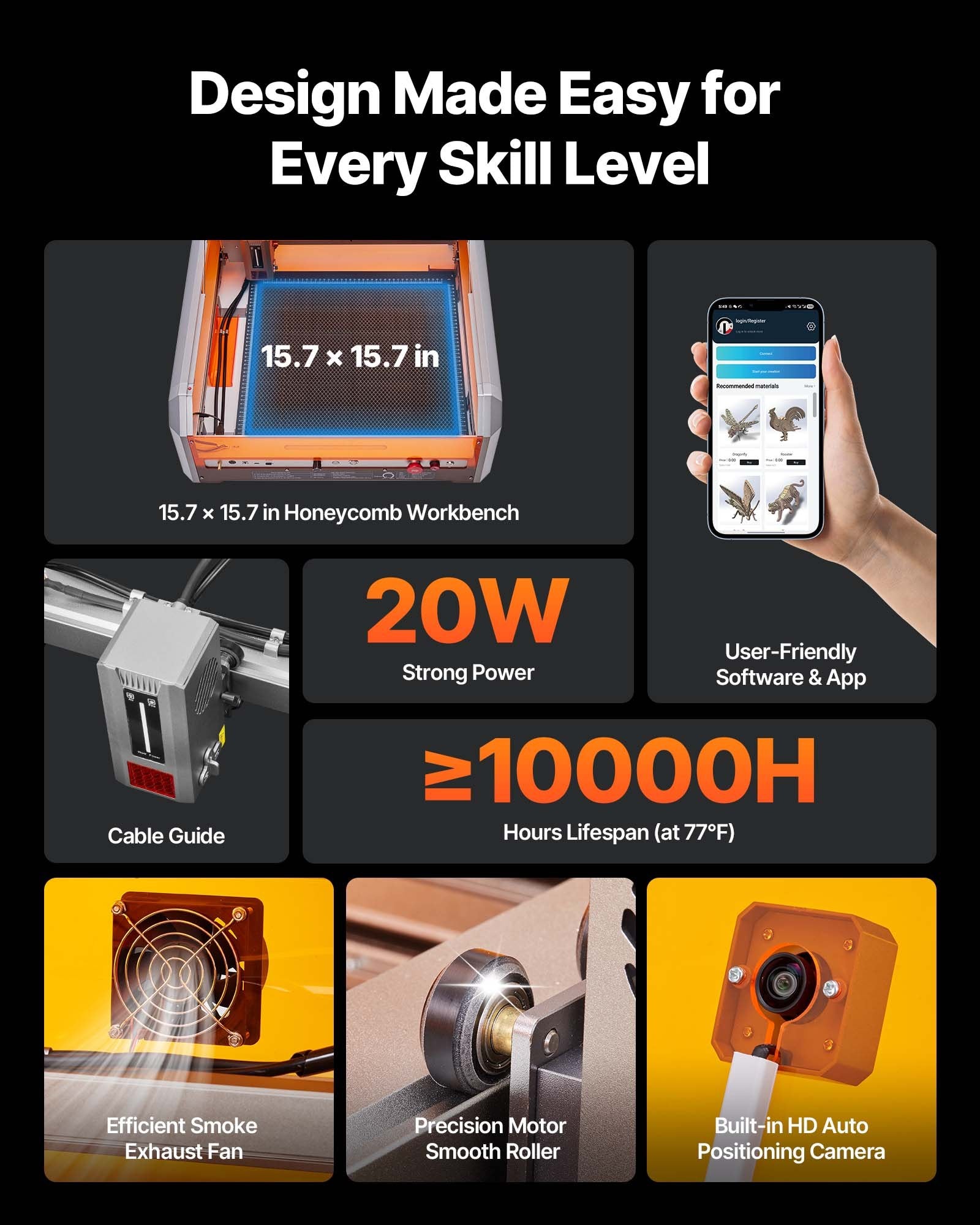 Laser Engraver 20W with Enclosure, 400x400mm Area, Cutter for Wood, Leather, Glass